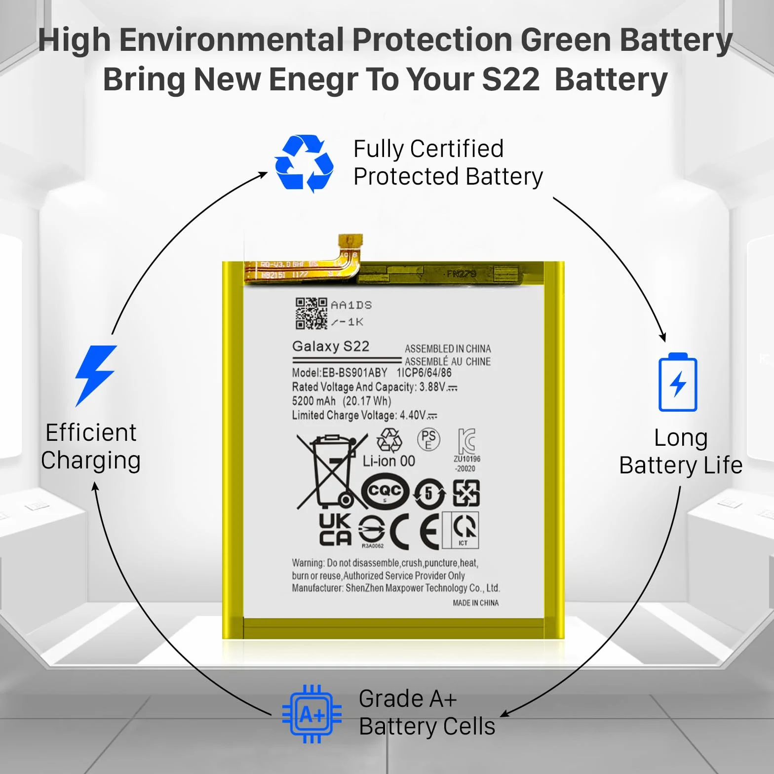Batteria di ricambio per Galaxy S22, 5200 mAh EB-BS901ABY per S22 5G SM-S901 S901B S901E S901F S901N S901U S901W S9010 con kit di attrezzi di riparazione