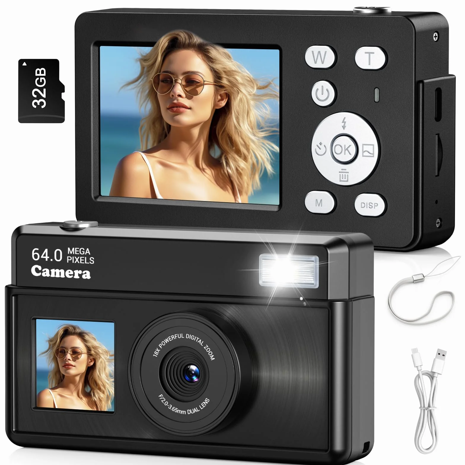 Macchina Fotografica Digitale, Fotocamera Digitale Compatta 4K 64MP, Scheda da 32 GB, Anti-vibrazione, Zoom 18X, Videocamera per Vlogging per Adolescenti, Principianti, Adult (Nero)