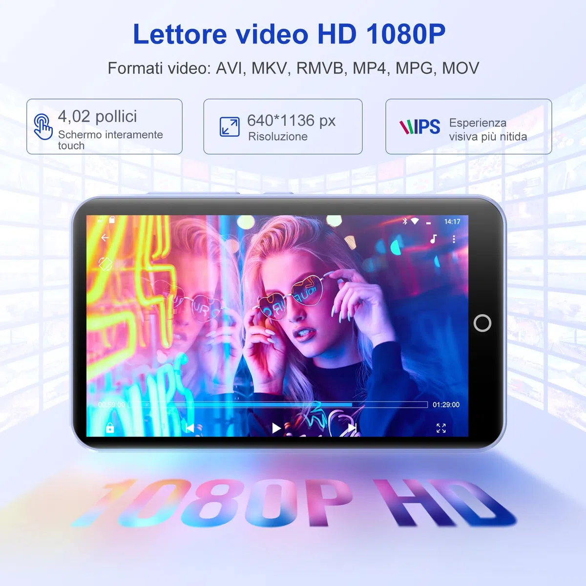 Lettore MP3 da 80 GB con Bluetooth e WiFi, Mp3 e Mp4 Musicale Lettore con Fotocamera, MP3 Player Schermo Tattile da 4.02 pollici, Lettore MP4 Android Portatile con Spotify, Audible, app Play Store