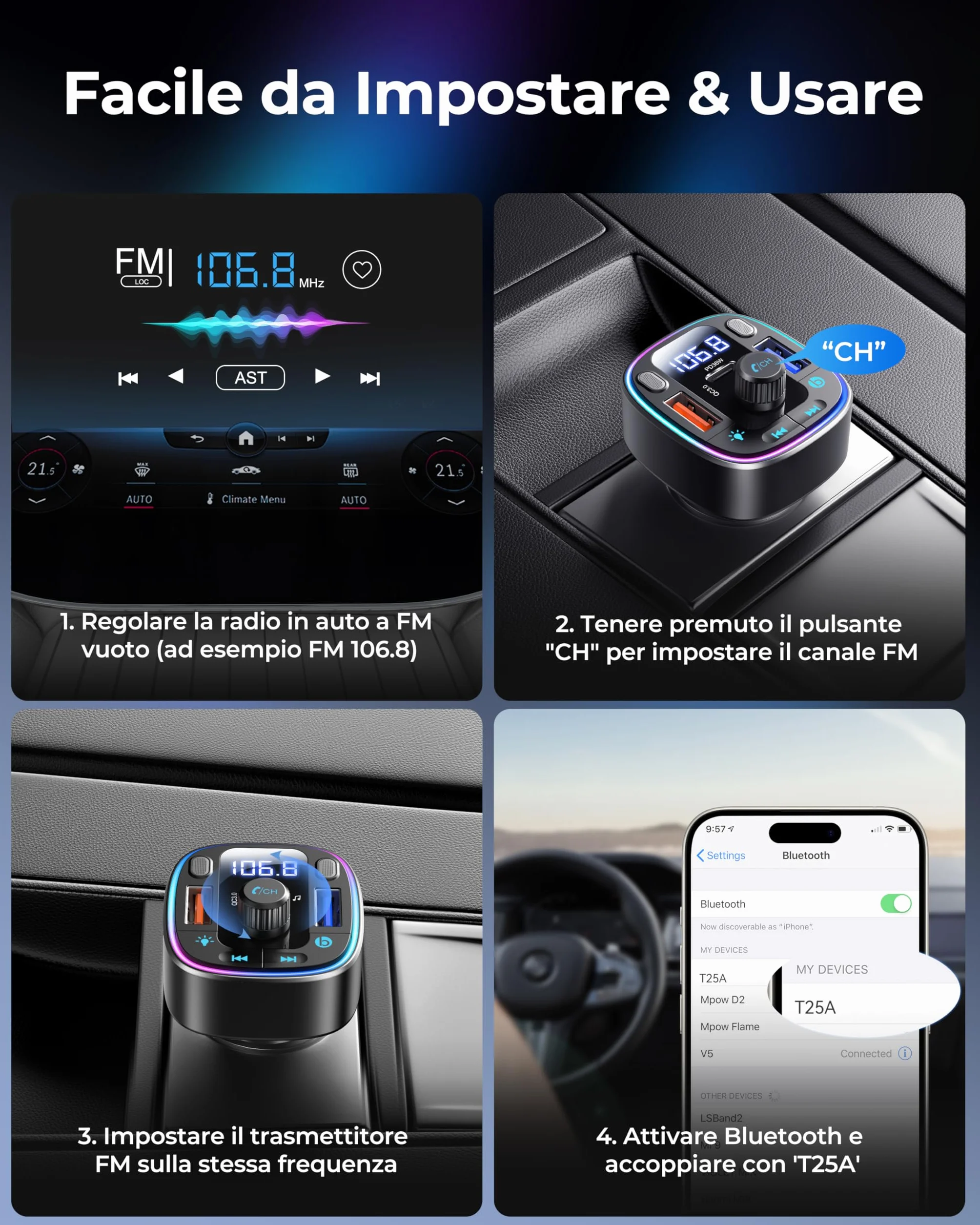 LENCENT Trasmettitore FM Bluetooth 5.4, Accendisigari Auto Radio, 54W USB Ricarica Rapida (PD 36W & QC3.0), Bluetooth FM Musica, Chiamate Vivavoce, Doppio Microfono e Chiavetta USB