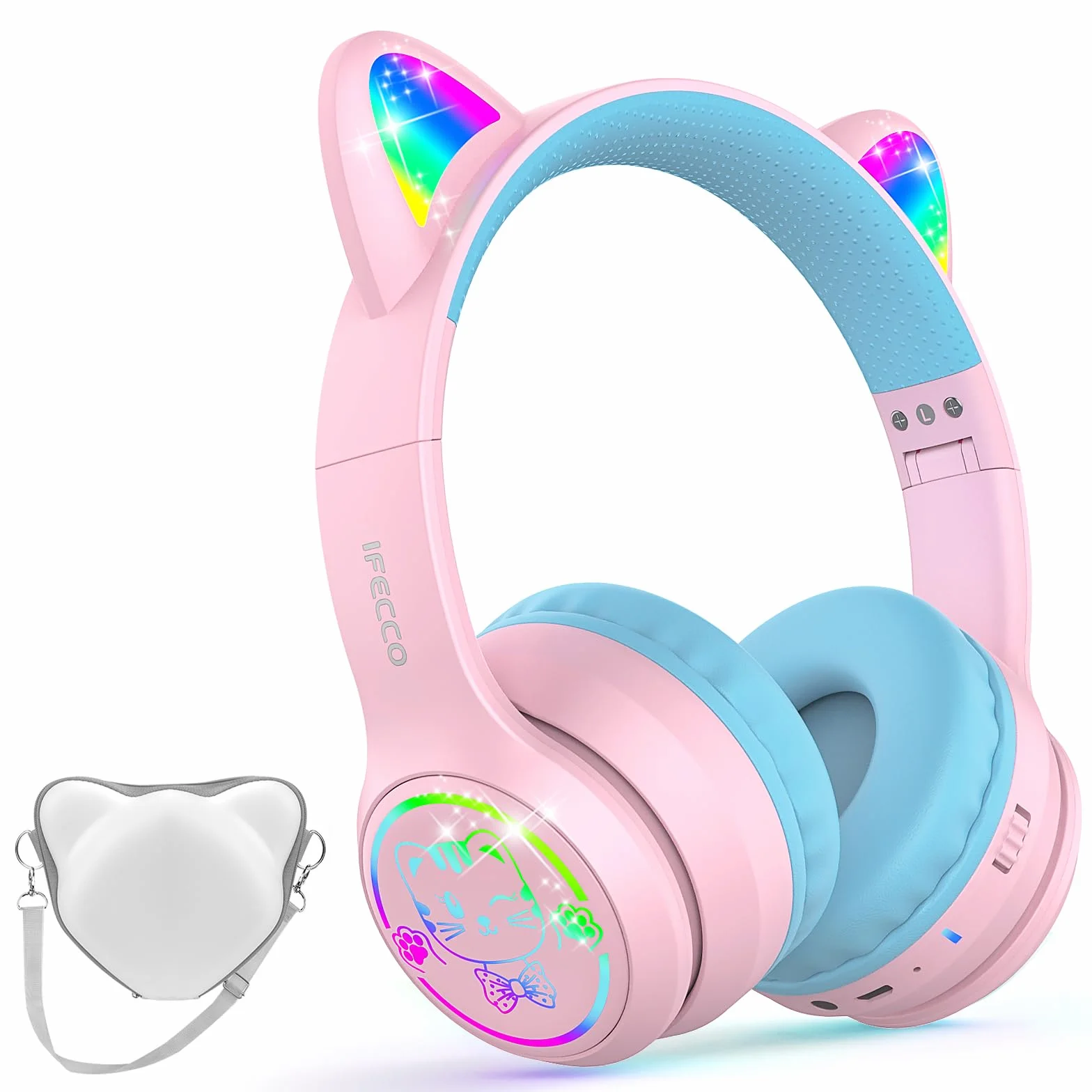 IFECCO Cuffie Bluetooth per bambini senza fili con custodia – Cuffie over-ear con luci LED, orecchie da gatto, limitazione del volume a 85 dBA, microfono integrato, compatibili con iPad/tablet/scuola