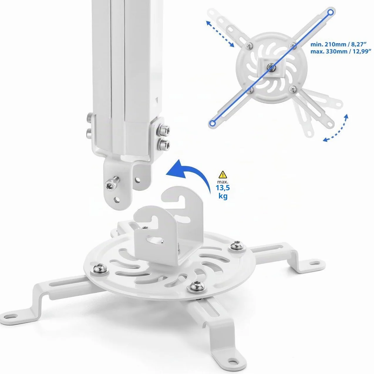 deleyCON Supporto Universale per Proiettore Montaggio a Soffitto +-15° Inclinabile - Ruotabile di 360° - Fino a 13,5 Kg - Altezza Regolabile 380 mm - 580 mm - Gestione dei Cavi - Bianco