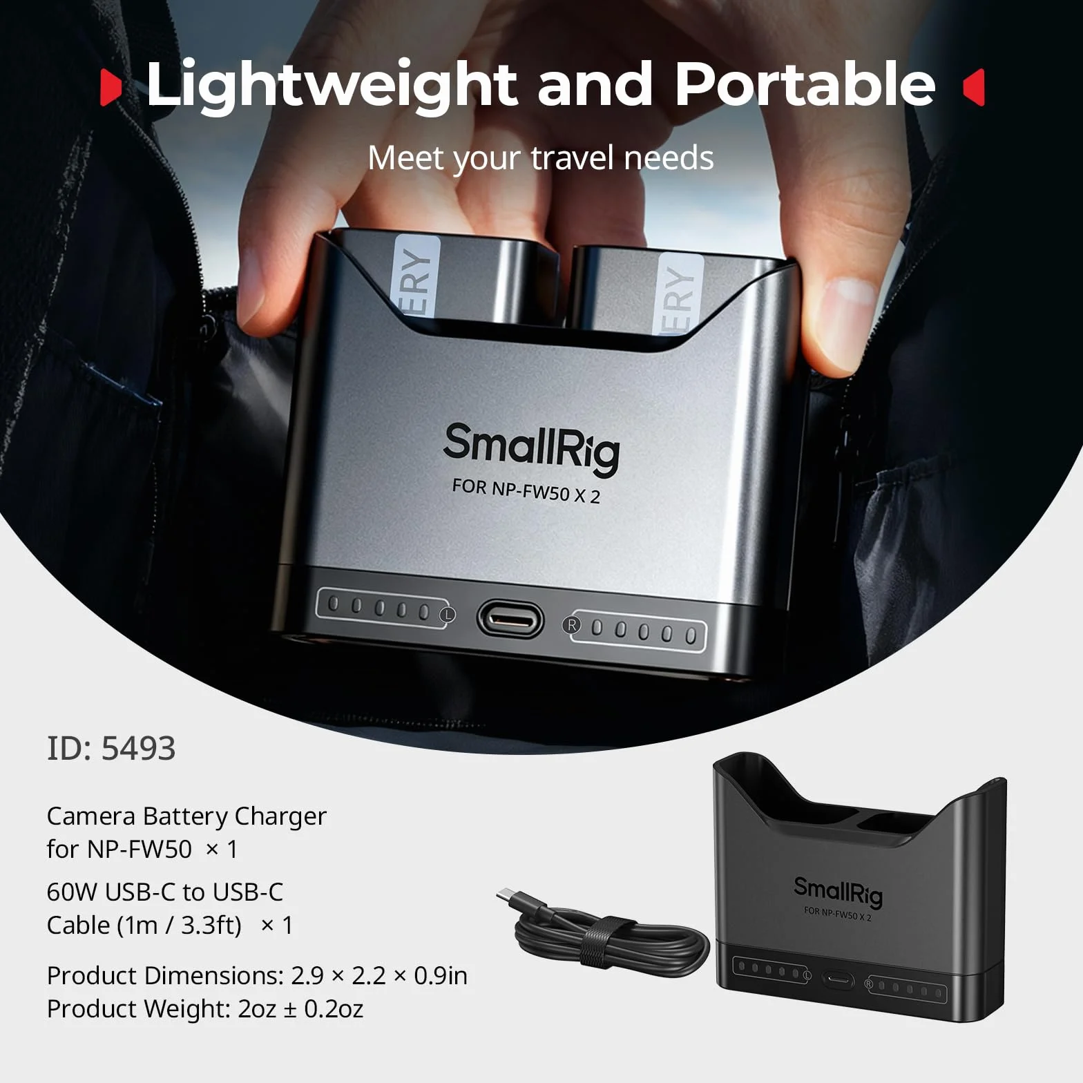 SMALLRIG Caricabatterie NP-FW50 per Sony, caricabatteria doppio slot da 2 ore con porta USB-C da 11 W, per Sony A6000 A6100 A6300 A6400 ZV-E10 A7 A7S A7R A7SII A7RII A5000 A5100 ILCE-QX1-5493