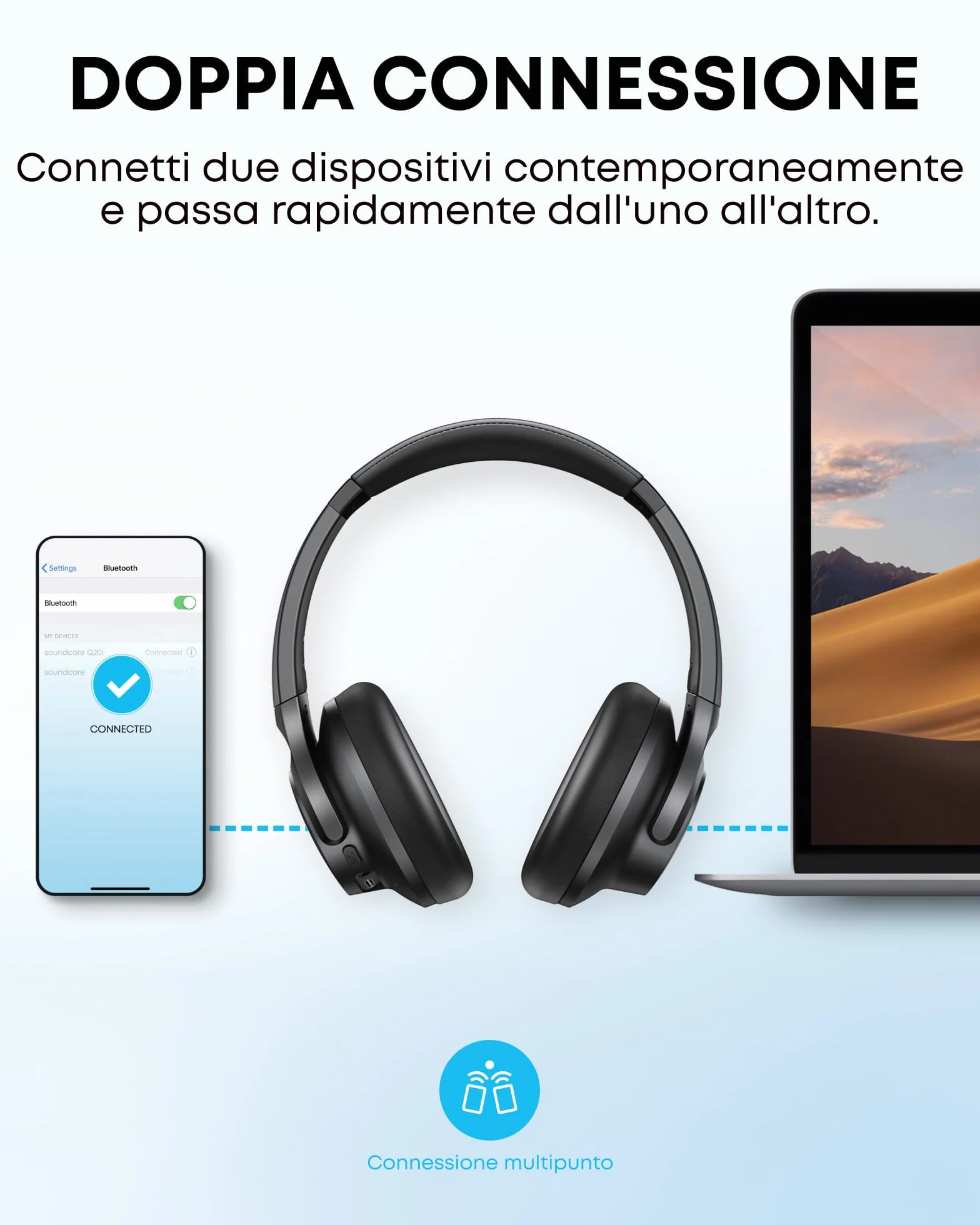 soundcore by Anker Q20i - Cuffie wireless Bluetooth over-ear con cancellazione ibrida attiva del rumore, 40 ore di riproduzione in modalità ANC, personalizzazione tramite app (nero)(ricondizionato)