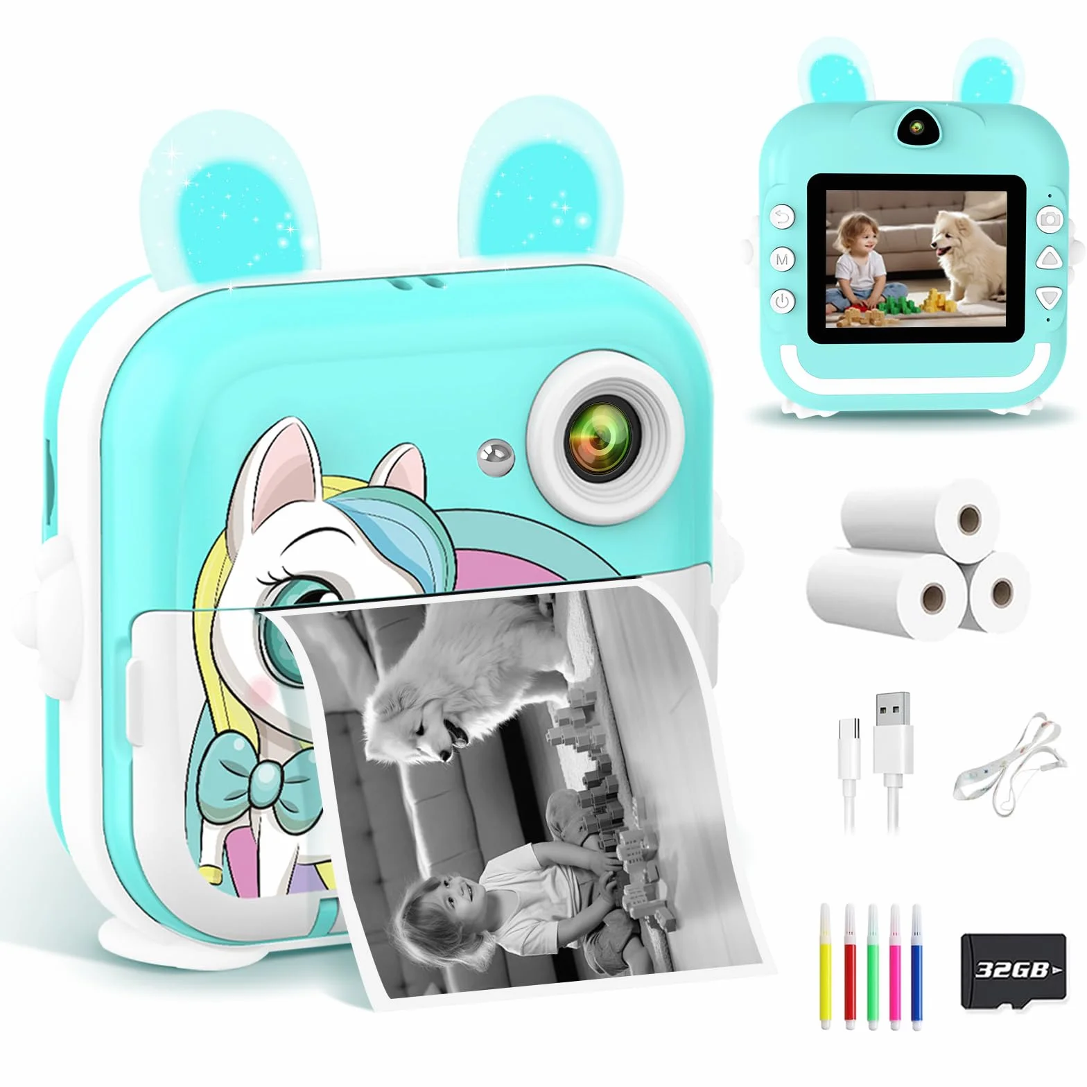 Macchina Fotografica Bambini Istantanea, 2,4 Pollici 1080P Digitale Fotocamera Bambini con Carta Fotografica Stampa e 32GB Schedaper Giocattolo Regalo di Natale Bambino e Bambina 4-12 Anni