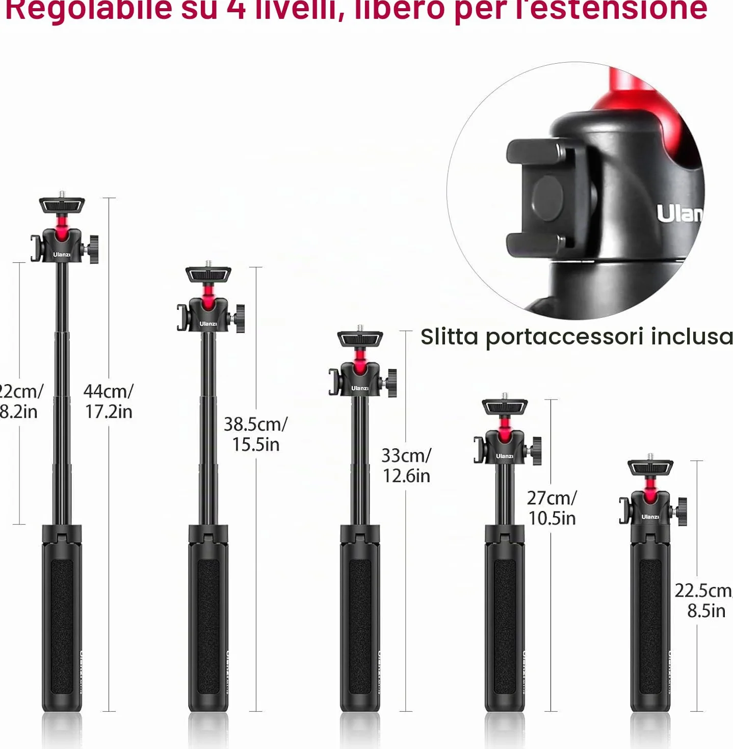 ULANZI MT-16 Vlogging Treppiede con testa a sfera a 360° 1/4 vite Cold Shoe Mount, Mini Tripod estensibile da 22 cm a 44 cm, piccola fotocamera Tripod per DLSR Canon Nikon Sony fotocamera Smartphone