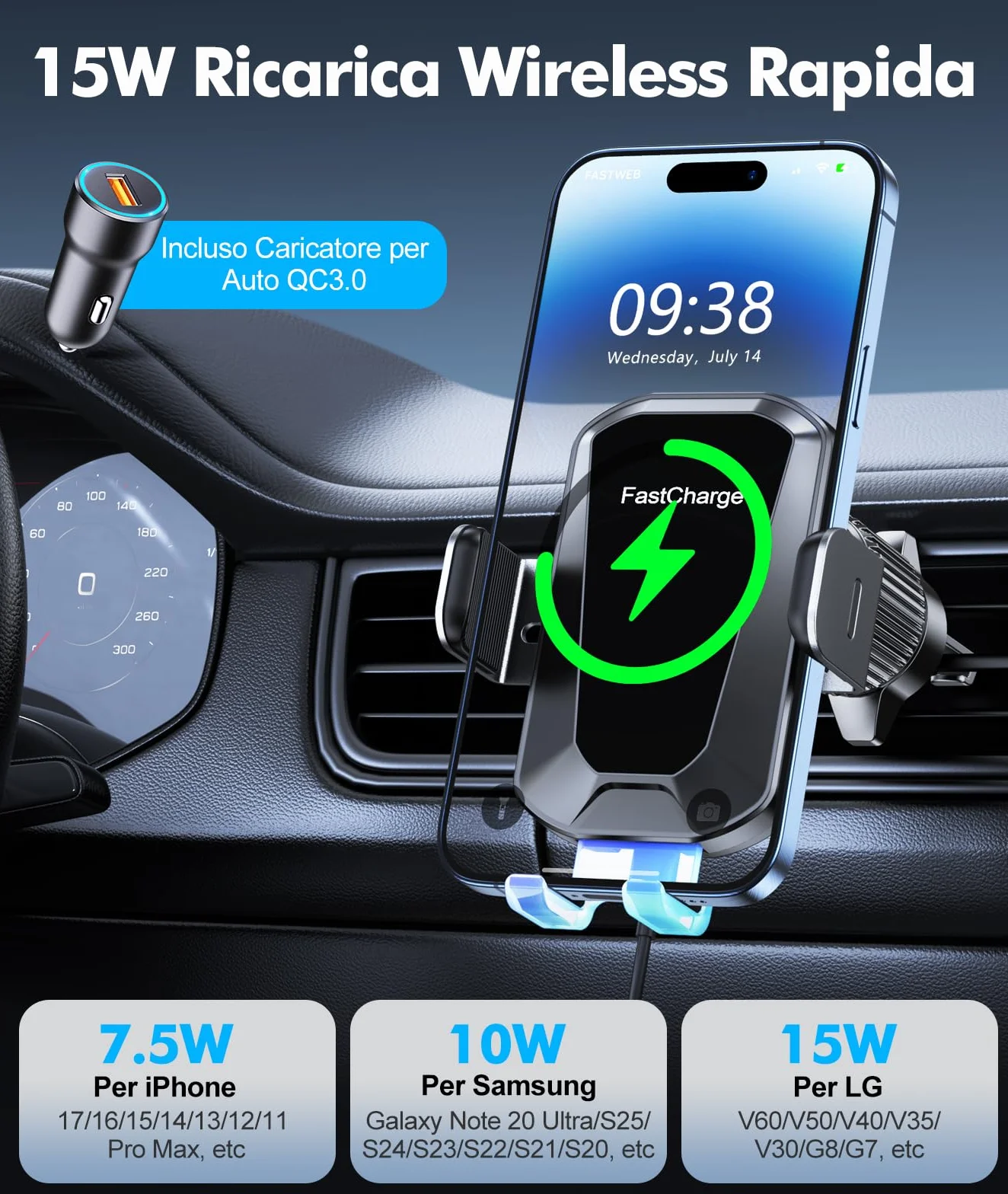 EOIWUY 15W Caricatore Wireless Auto, Auto-Bloccaggio [360° Rotazione] Supporto Telefono Auto Ricarica Wireless Rapida con QC 3.0 Caricabatterie Auto, Compatibile con iPhone 17/16/15, Galaxy S24/S23