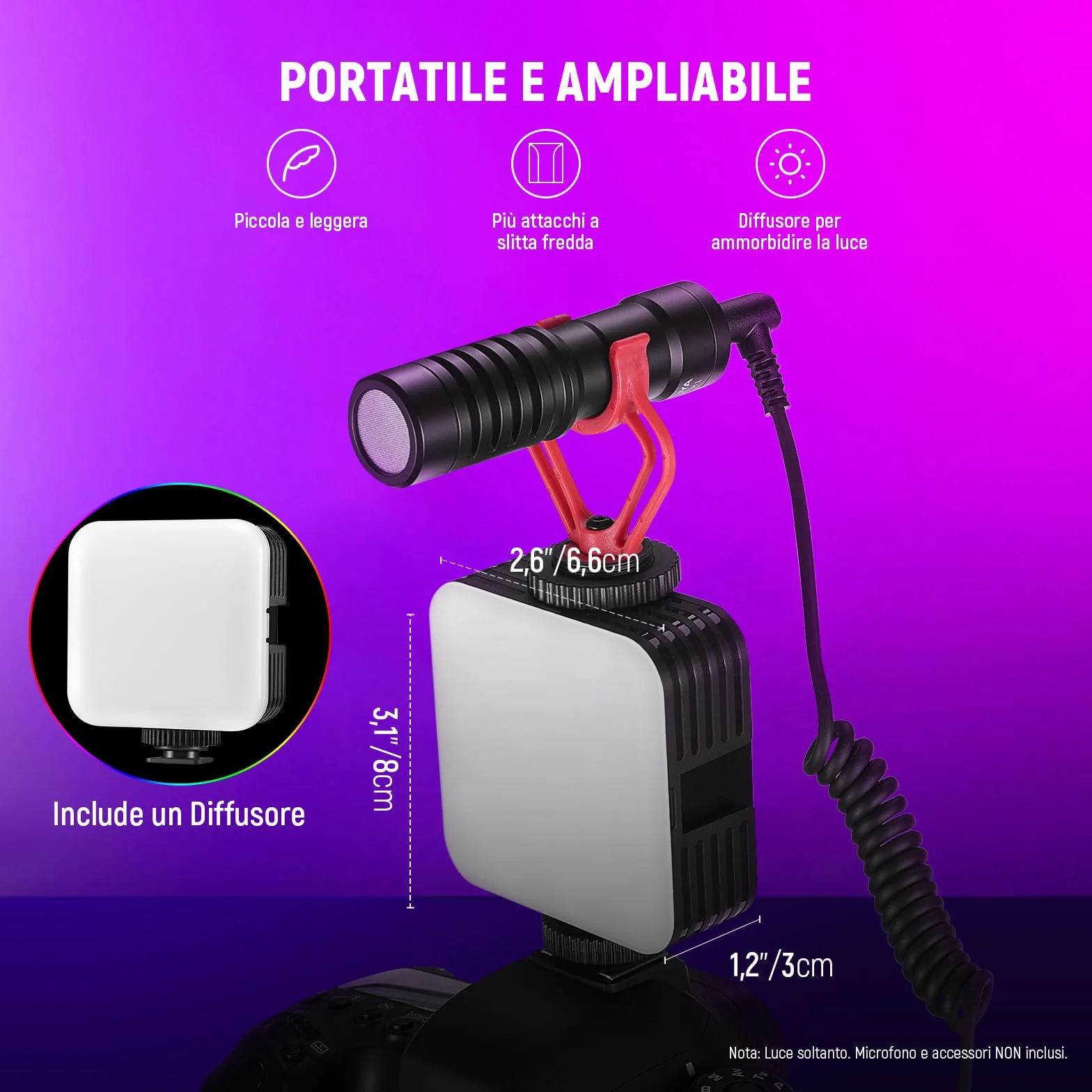 NEEWER Luce Fotocamera RGB Magnetica, Piccolo Pannello Video LED RGB61 a Colori 360° con 3 Cold Shoe, CRI 97+, 20 Modalità Scena, 2500K-8500K, 2000mAh, Illuminazione Selfie Portatile per Foto Video