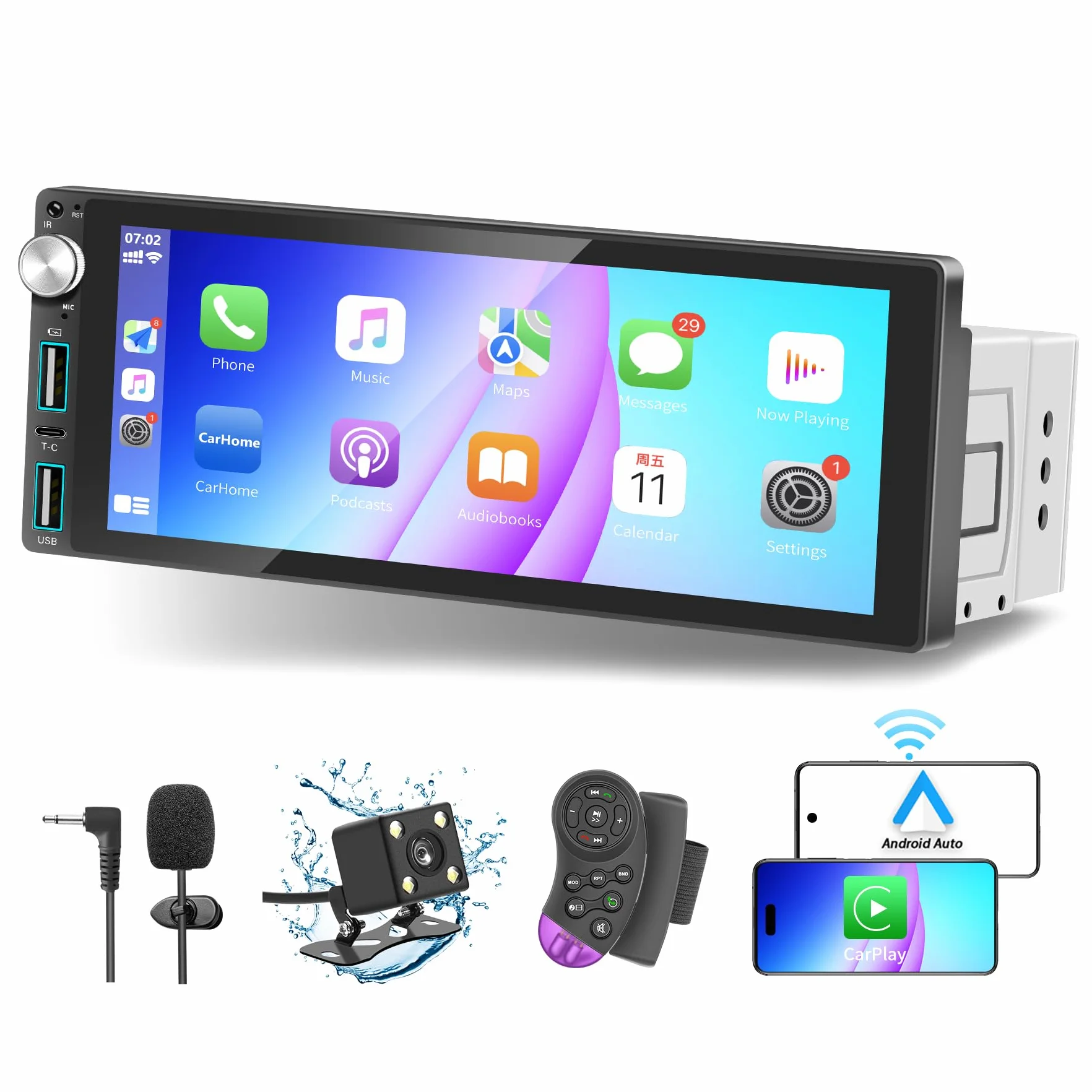 Autoradio 1 DIN Bluetooth con CarPlay & Android Auto, con schermo 6,9 pollici Touchscreen Lettore, Mirror Link/RDS FM Radio/USB/Type-C/Microfono/Telecamera di backup/Supporto telecomando