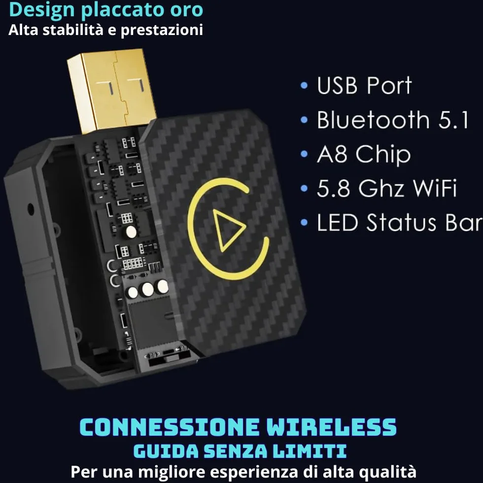 Adattatore Wireless CarPlay & Android Auto per Auto già Cablate - Trasforma il Sistema Multimediale in Wireless, Compatibile con iOS 10+ e Android 11+ USB C/A, Plug & Play, Mini, Nero