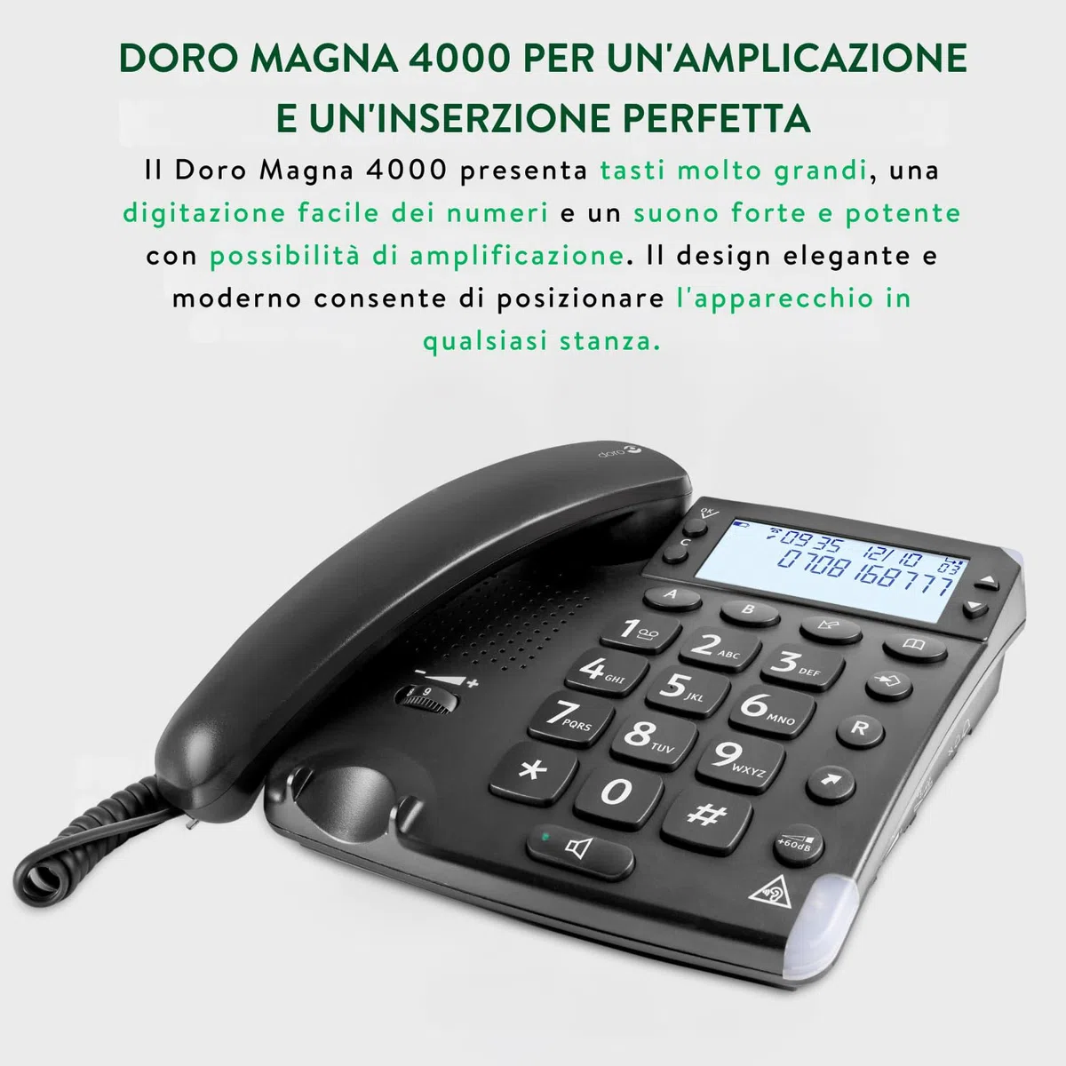 Doro Magna 4000 Telefono Fisso Casa per Anziani - Cornetta - Tasti Grandi - Volume Alto - Display - Compatibile Apparecchi Acustici - LED Chiamate - Vivavoce - No Segreteria (Nero)