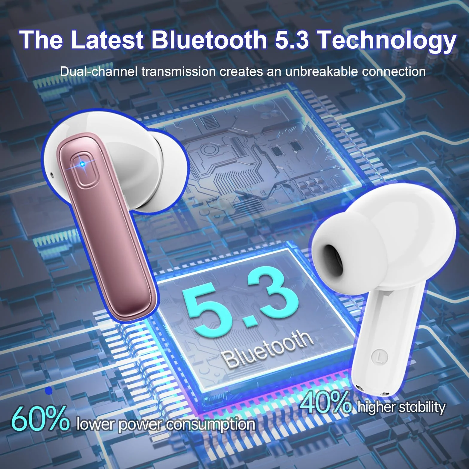 Cuffie Bluetooth, Renimer Auricolari Bluetooth 5.3 con Driver Dinamico 14.2mm Stereo, 4 ENC Mics Cancellazione Rumore Cuffie Wireless in Ear, 40 Ore Cuffiette, IP7 Impermeabile USB-C Cuffie Senza Fili