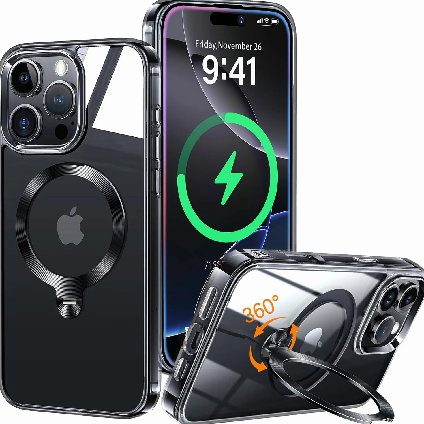 360° Girevole Supporto Magnetica Cover per iPhone 16 Pro [Stabile CD Anello Supporto per MagSafe] [N.1 Potenza Magnetica & Protezione Militare] Custodia Protettiva Antiurto Sottile, Nero