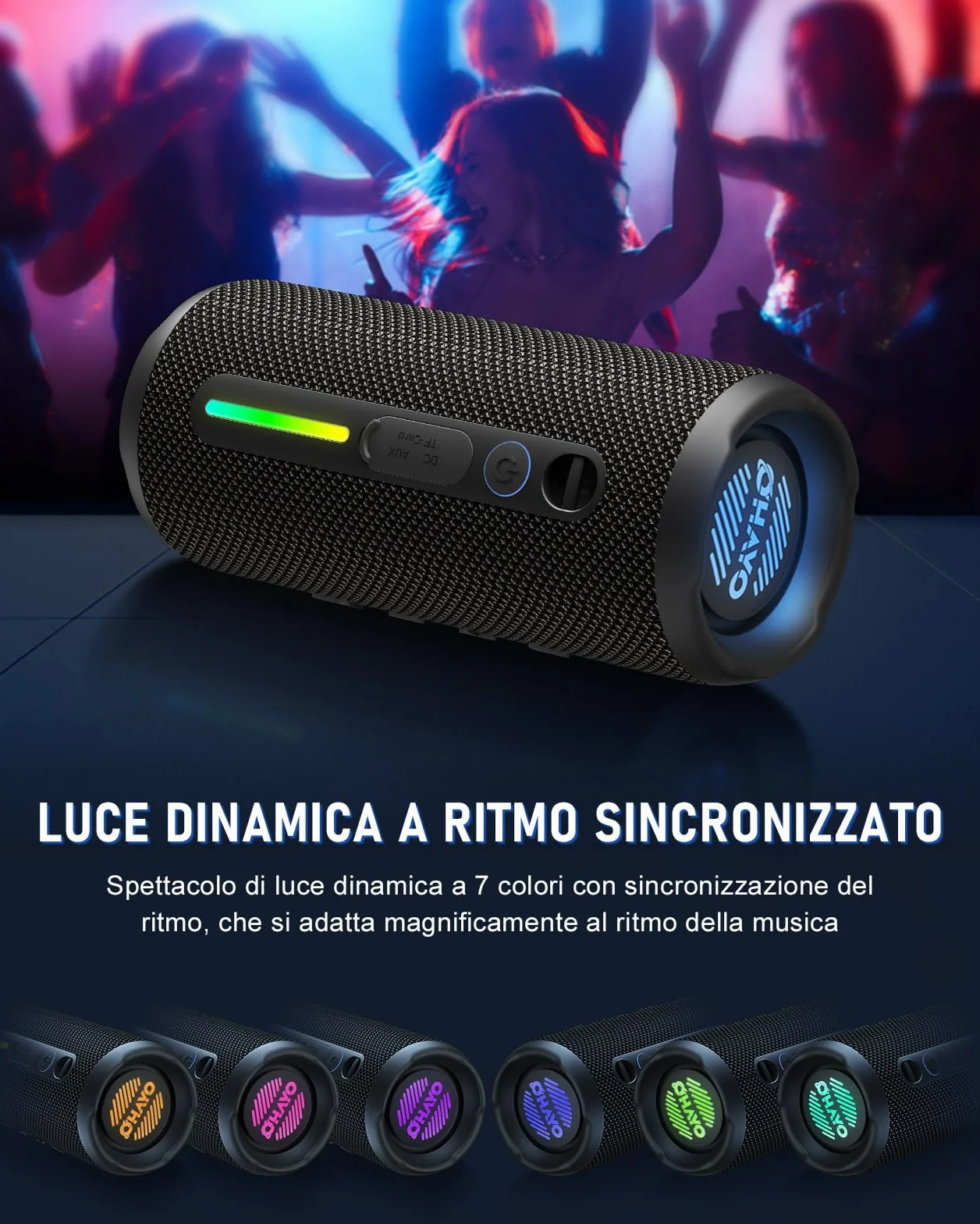 OHAYO Cassa Bluetooth Potente Portatile 24W, Altoparlante Bluetooth 5.3 con luci RGB e funzione di potenziamento dei bassi, 30 Ore di Gioco, Impermeabile IPX7, Adatto per Uso All'aperto, Feste