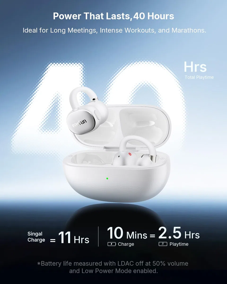 EarFun Clip 2 Open Ear Cuffie Bluetooth Clip On Earbuds, Confortevole e Stabile, Driver Titanio da 12mm, Audio Hi-Res, LDAC, 4 Microfoni Chiamate KI, 40 Ore Batteria, IP55, APP, Ricarica Wireless