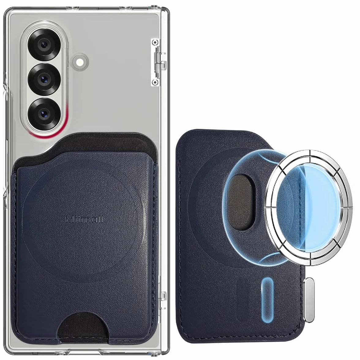 Miimall Portafoglio Mag-Safe per Samsung Galaxy S25 S24 FE/Plus/Ultra/Z Fold 7/iPhone 17 16 15, portafoglio sottile in pelle con 3 scomparti per carte, porta carte magnetico per cellulare, Blu