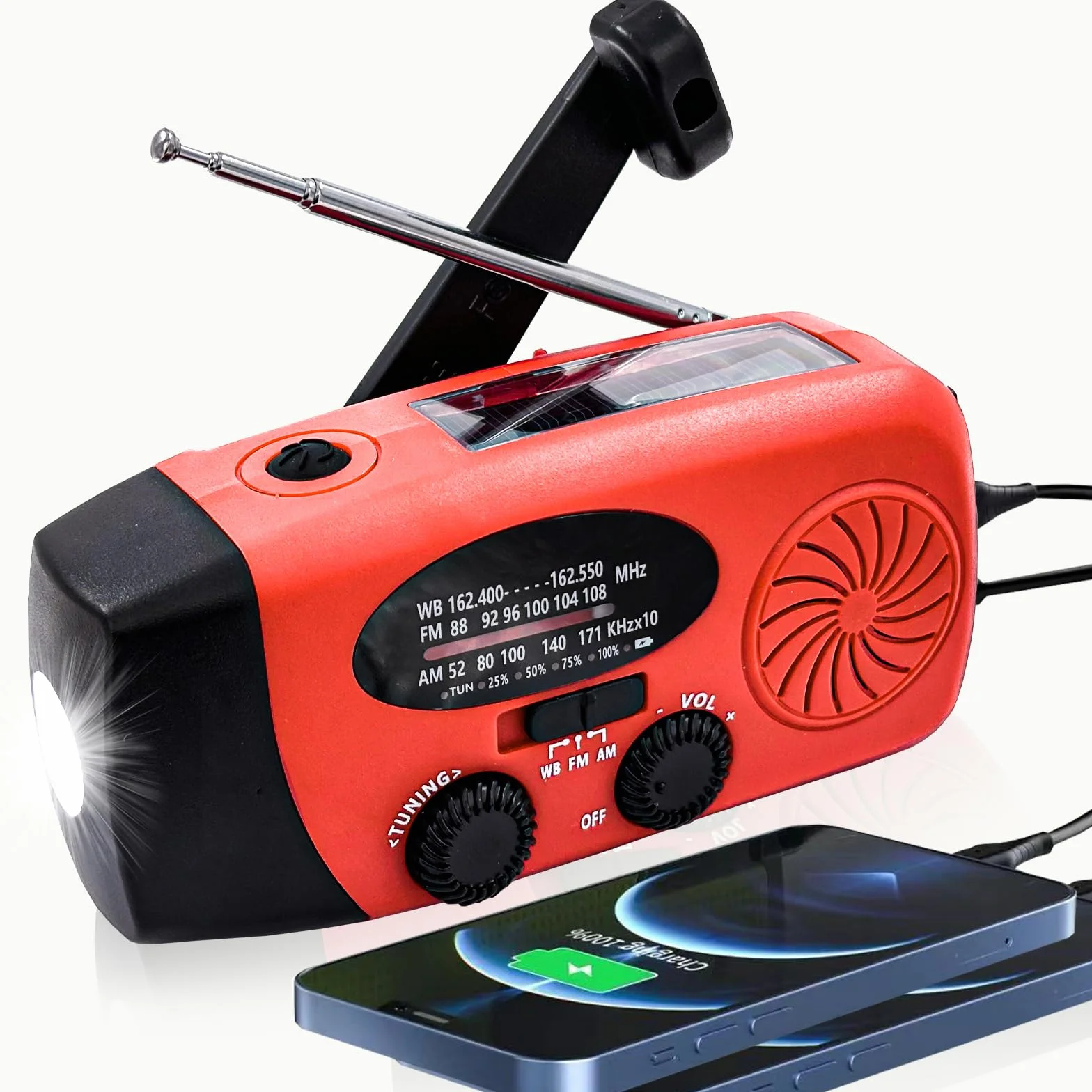 Radio di Emergenza Portatile 2000 mAh con Pannello Solare SOS, AM/FM/NOAA WB, Torcia a Manovella