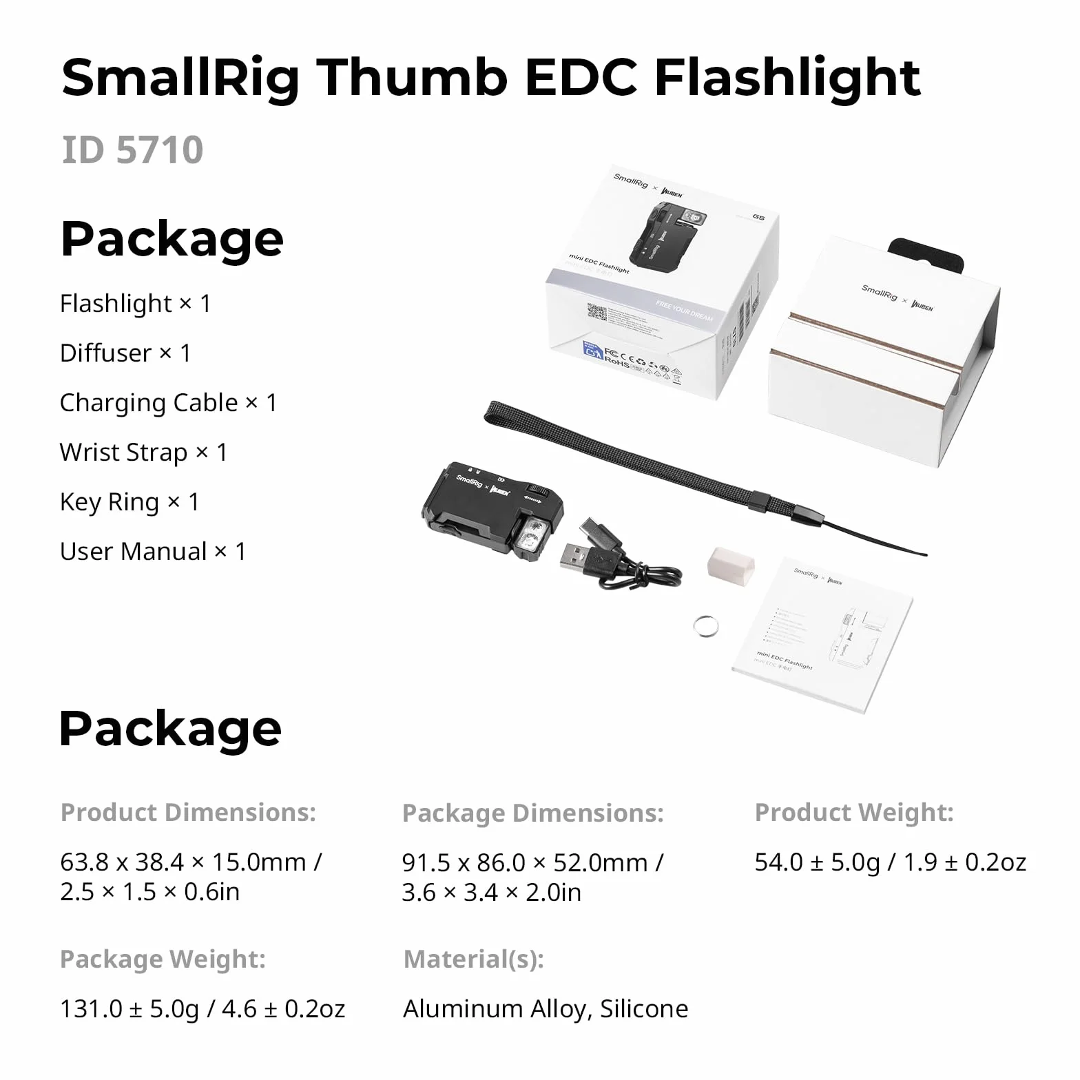 SMALLRIG Mini torcia EDC ricaricabile, luce LED magnetica da 400 lumen, formato tascabile, impermeabile IP65, vite da 1/4"-20, diffusore, torcia portatile per campeggio, segnalazione - 5710