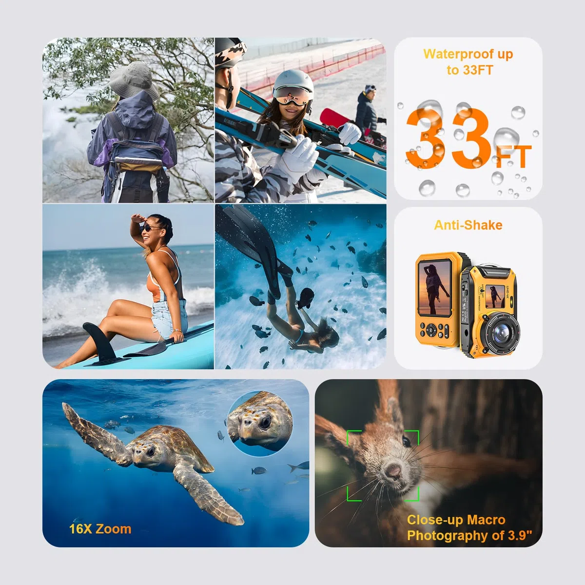 4K 56MP 33FT UHD fotocamera subacquea per snorkeling con scheda da 32 GB Dual Screen Compatta impermeabile antipolvere galleggiante fotocamera digitale autofocus impermeabile 1500 mAh