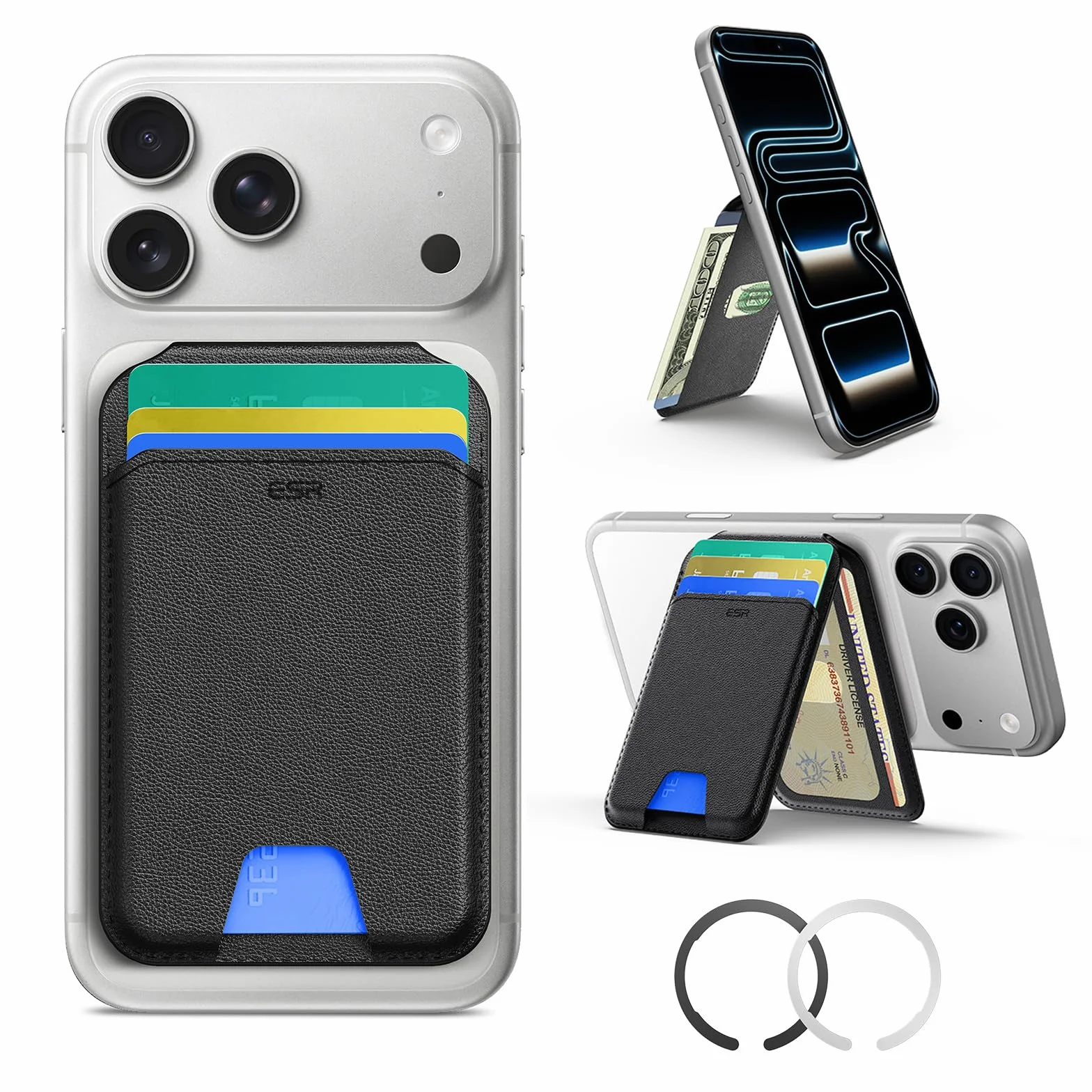 ESR Portafoglio con MagSafe, RFID Blocco, Supporto per 5 Carte, Pelle Vegana, Supporto Regolabile, Wallet per iPhone Serie 17e/17/16/15/14/13/12 e Alcuni Dispositivi Samsung, Non per 13/12 Mini,Nero