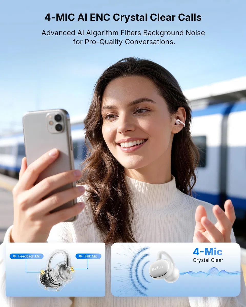 EarFun Clip 2 Open Ear Cuffie Bluetooth Clip On Earbuds, Confortevole e Stabile, Driver Titanio da 12mm, Audio Hi-Res, LDAC, 4 Microfoni Chiamate KI, 40 Ore Batteria, IP55, APP, Ricarica Wireless