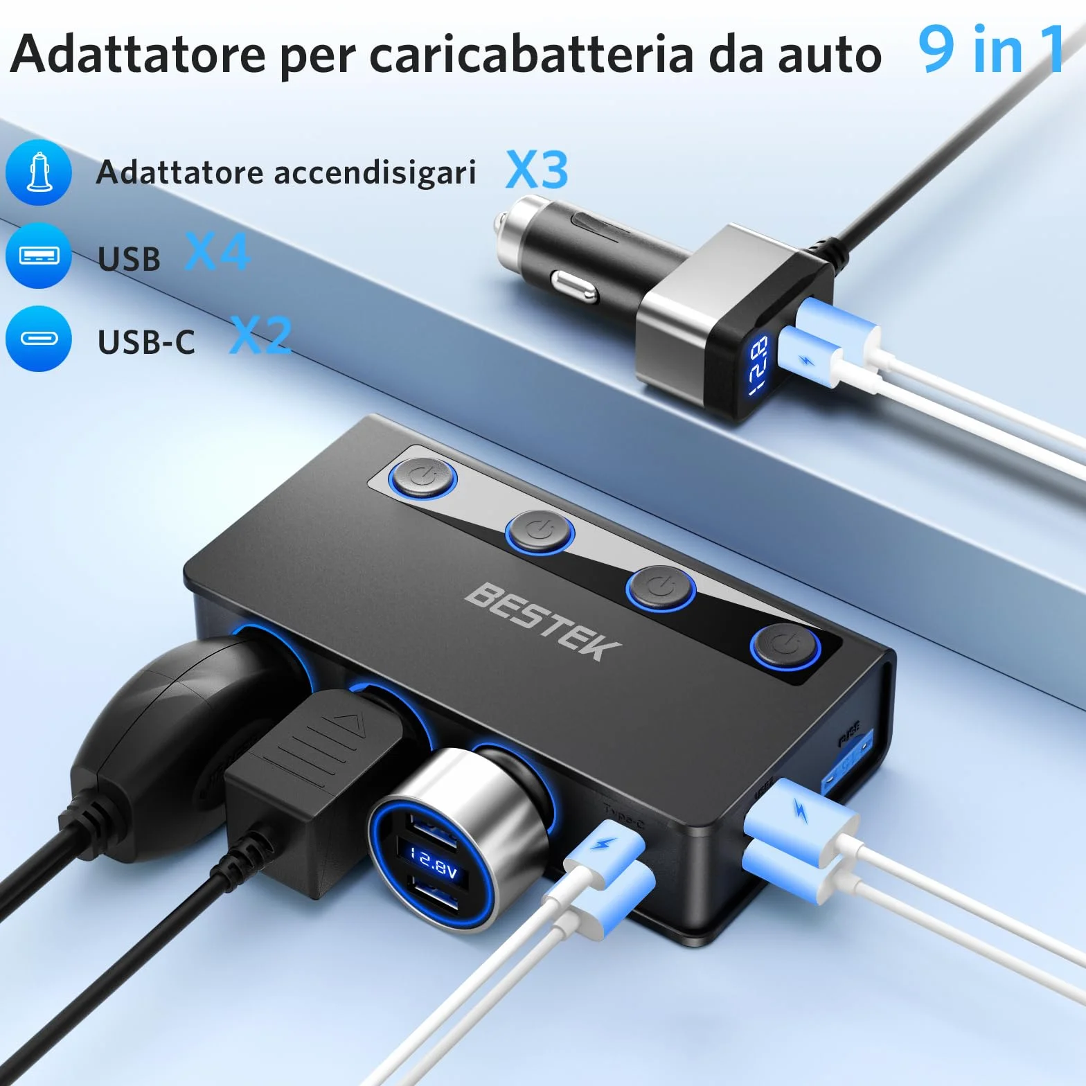 BESTEK Caricabatterie da Auto 180W, Caricatore da Auto USB-C PD USB QC3.0, Adattatore per Accendisigari 12V/24V con 3 Prese & 6 Porte con Display LED per iPhone Dash Cam