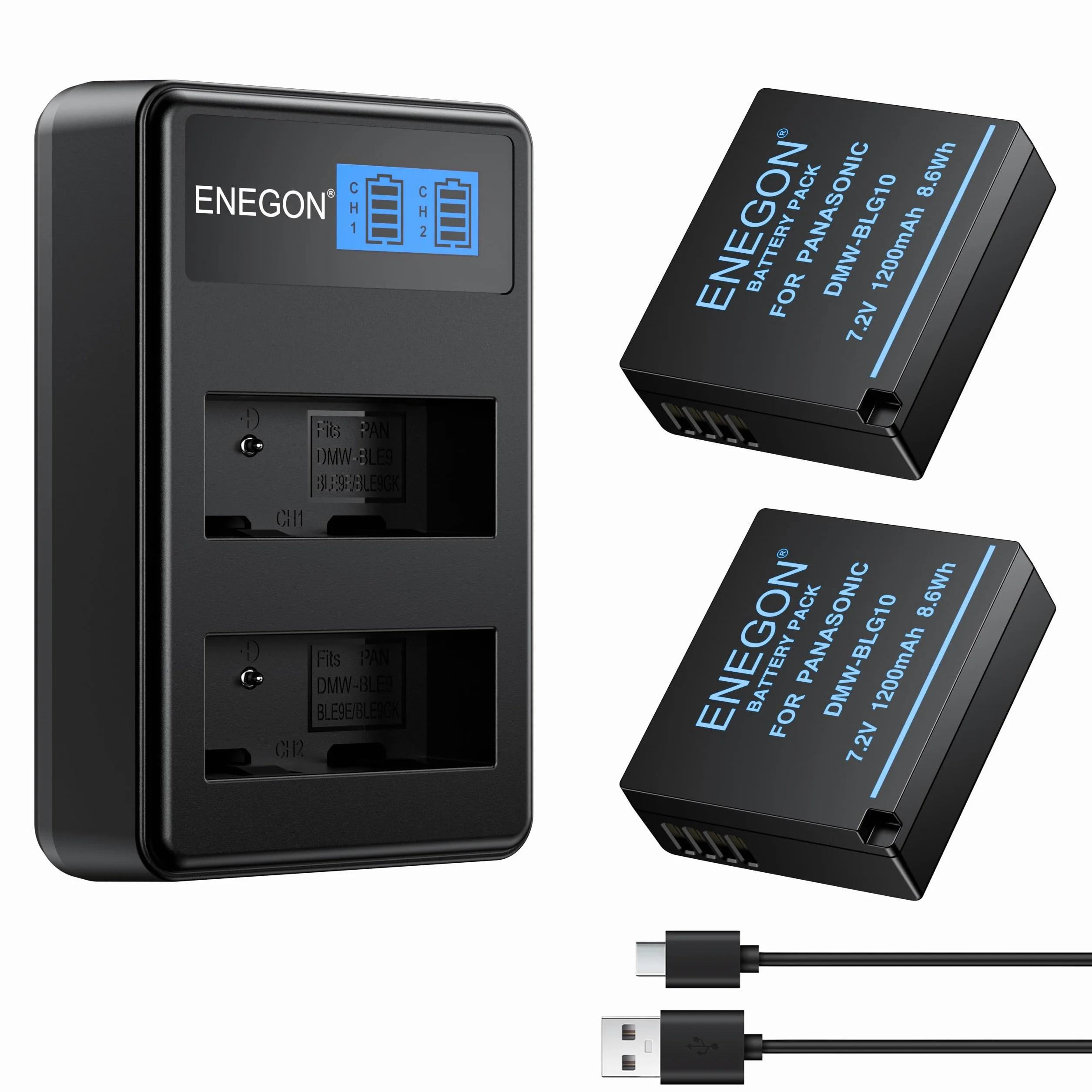 ENEGON Pack da 2 DMW-BLE9 DMW-BLG10 1200mAh Batteria e caricabatteria, cavo USB-C e display LCD, per Panasonic Lumix DC-LX100 II, TZ202, TZ101, TZ99, TZ91, TZ81, DMC-GX7, DMC-GX9, DMC-GX80, DMC-GX85