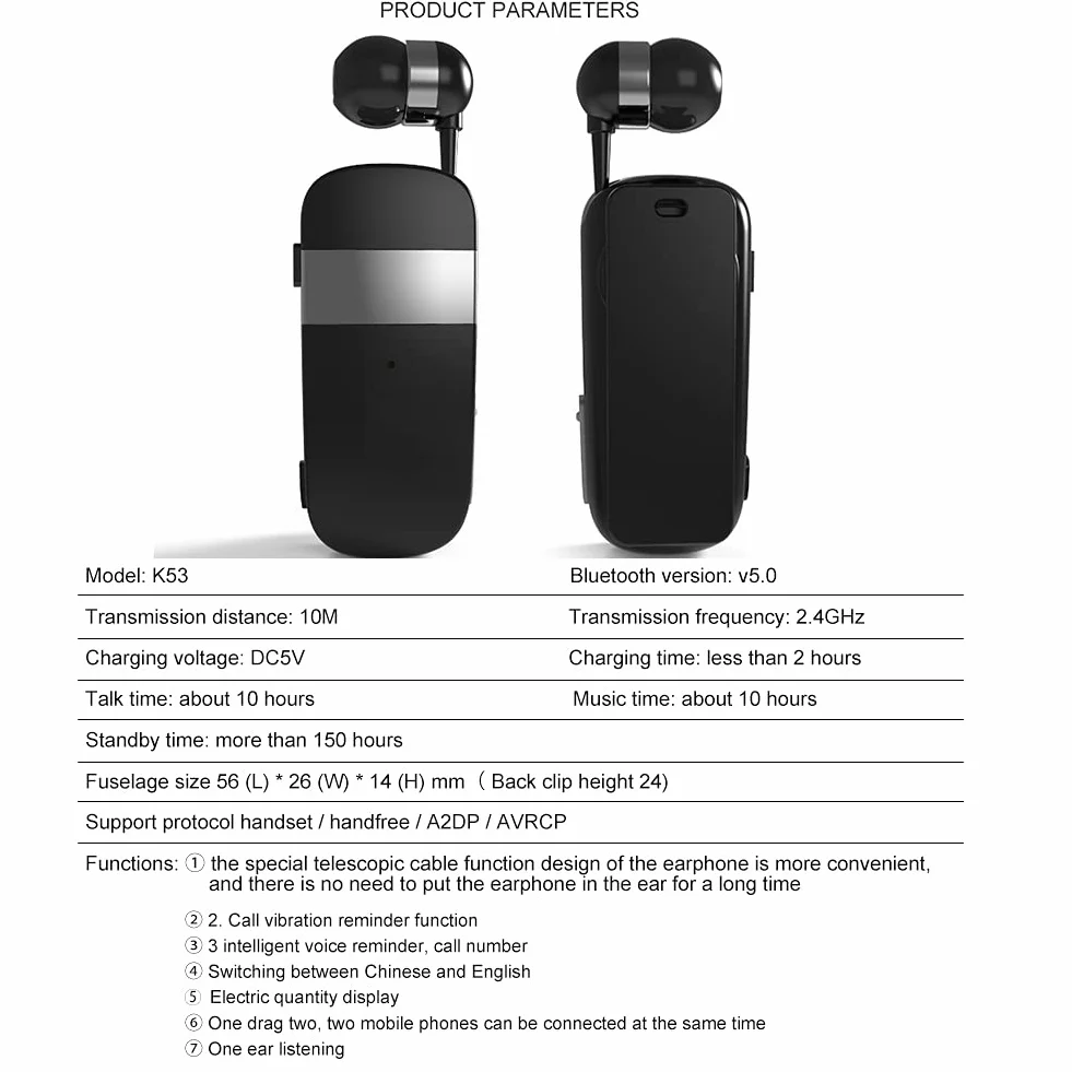 MoreChioce Cuffie Bluetooth 5.0, Auricolare Bluetooth Senza Fili Retrattile Cuffie Auricolari con Cancellazione del Rumore Cuffie Wireless Auricolari Cuffie Bluetooth nell'orecchio,10m,Grigio,k53