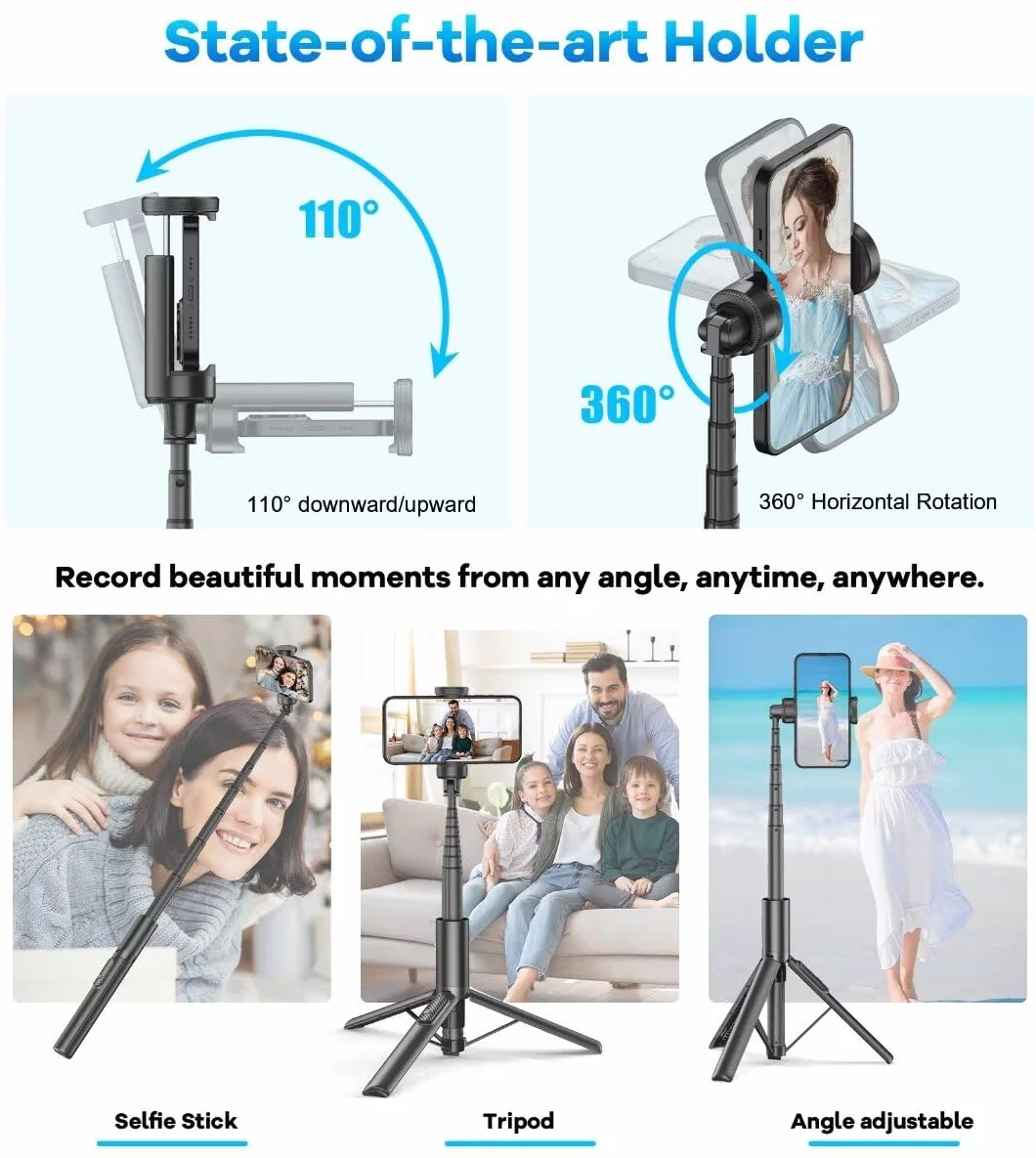 Gahenwo 153cm Treppiede Smartphone Bastone Selfie,Cavalletto per smartphone con Telecomando Wireless e Supporto per Telefono Rotante a 360 gradi, compatibile con smartphone da 4''-7'' pollici