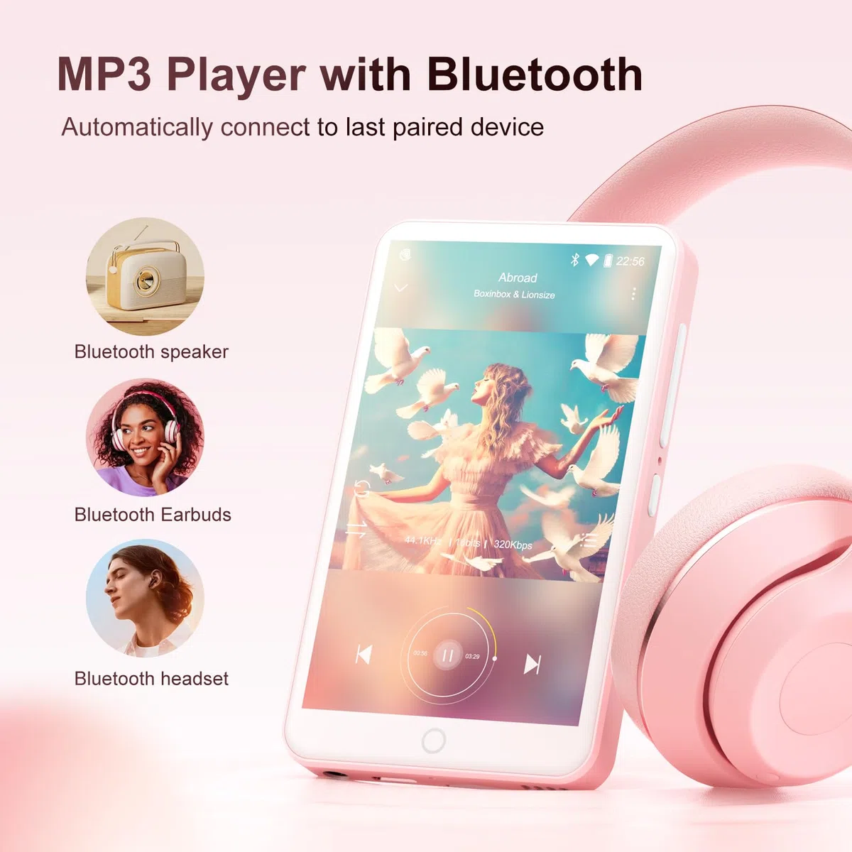 Lettore MP3 con Bluetooth e WiFi, Oilsky 80GB Portable MP3 Music Player con Spotify, Audible, Deezer, 4 pollici 1080P Touchscreen MP4 Player, Android 9.0 (rosa)
