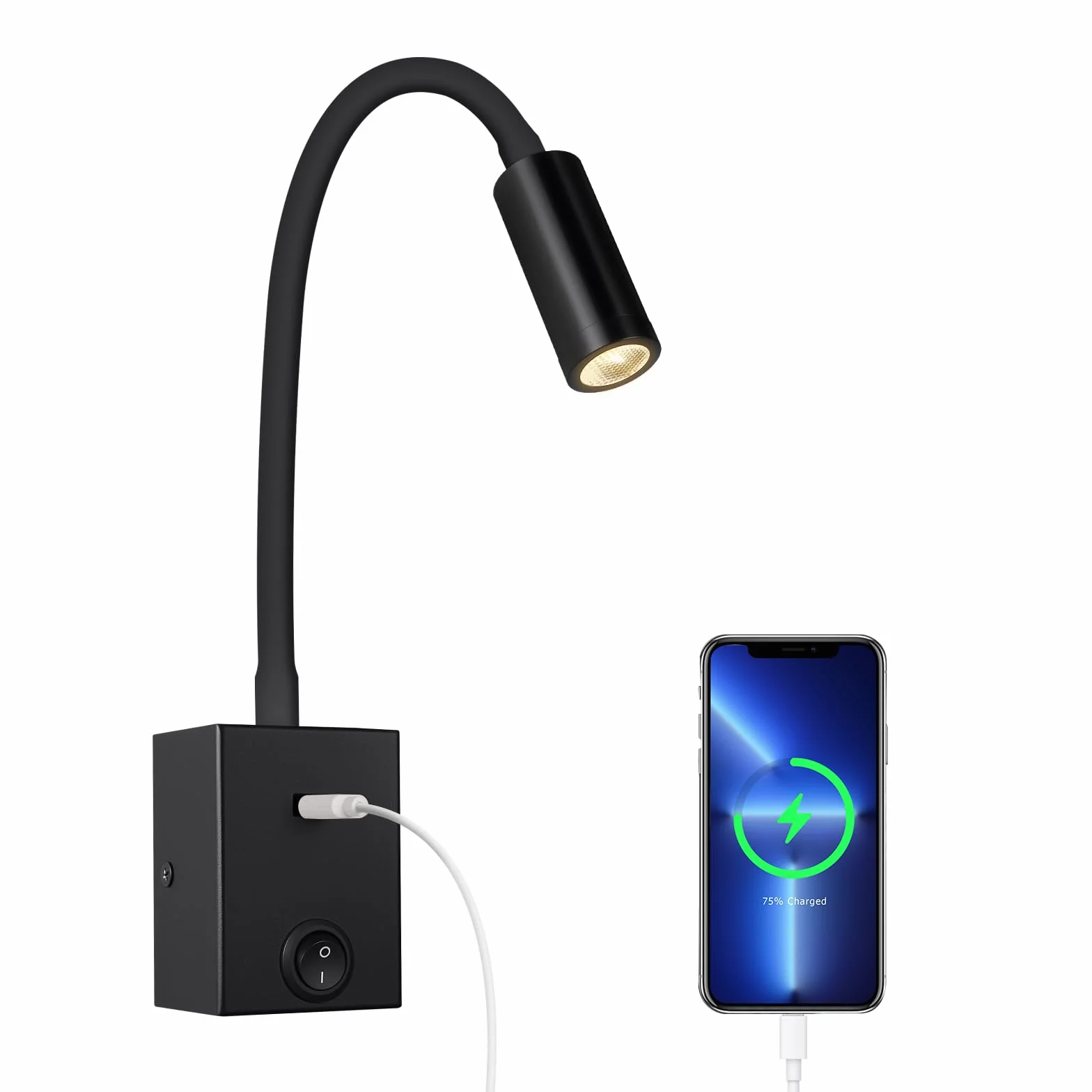 Lampada da Lettura a LED da Parete 3W con Collo d'oca Flessibile 360° USB 3000K Nero