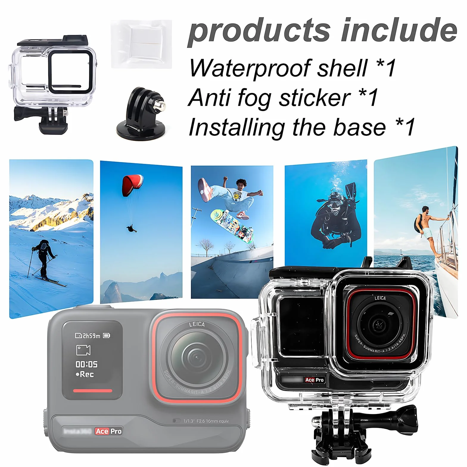 Custodia protettiva impermeabile per Insta360 Ace Pro, impermeabile fino a 60 m, con accessori per staffa