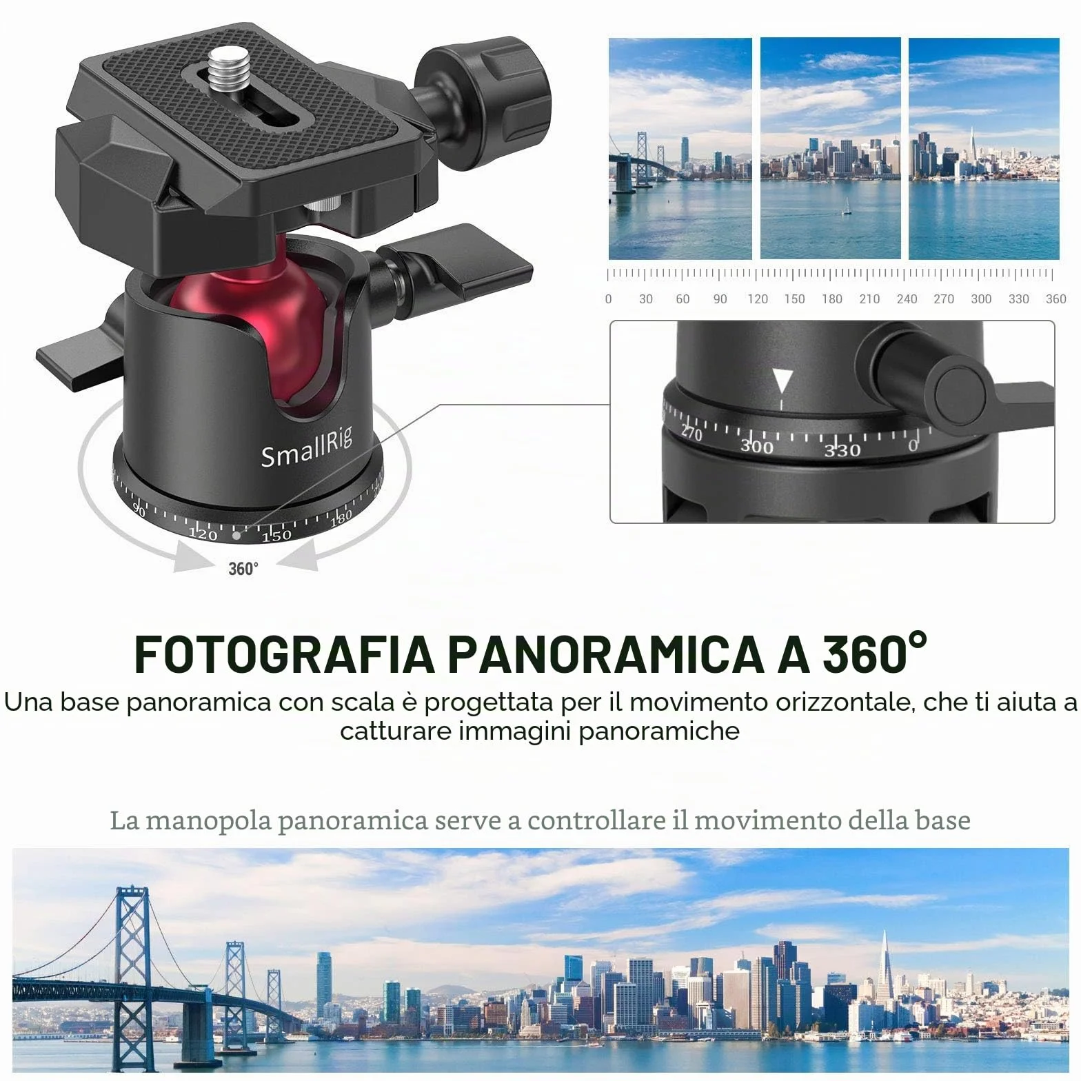 SMALLRIG Testa per Treppiede con Testa a Sfera Panoramica Ruotabile di 360°, Testa per Treppiede con Piastra a Sgancio Rapido Vite da 1/4'' per Treppiede, Monopiede, Fotocamere, DSLR 2665