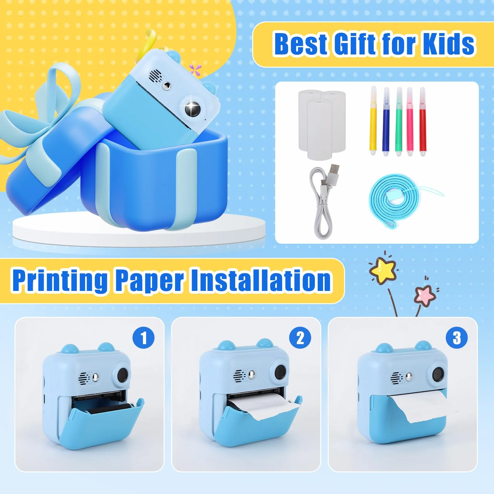 Gugxiom Kids Camera Instant Print, Fotocamera Digitale per Bambini con Scheda SD da 32 GB e 3 Rotoli Di Carta per Stampante, Fotocamera per Bambini per Ragazzi e Ragazze (blu)