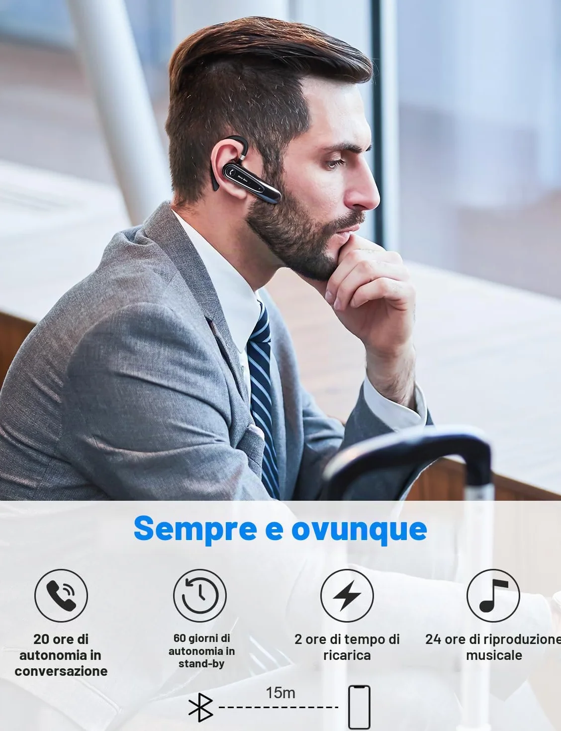 New Bee Auricolare Bluetooth Singolo con Doppio Microfono V5.0 Auricolari Bluetooth con 20 Ore Di conversazione, Microfono Muto, Connessione a due Dispositivi per iPhone, Android e Laptop