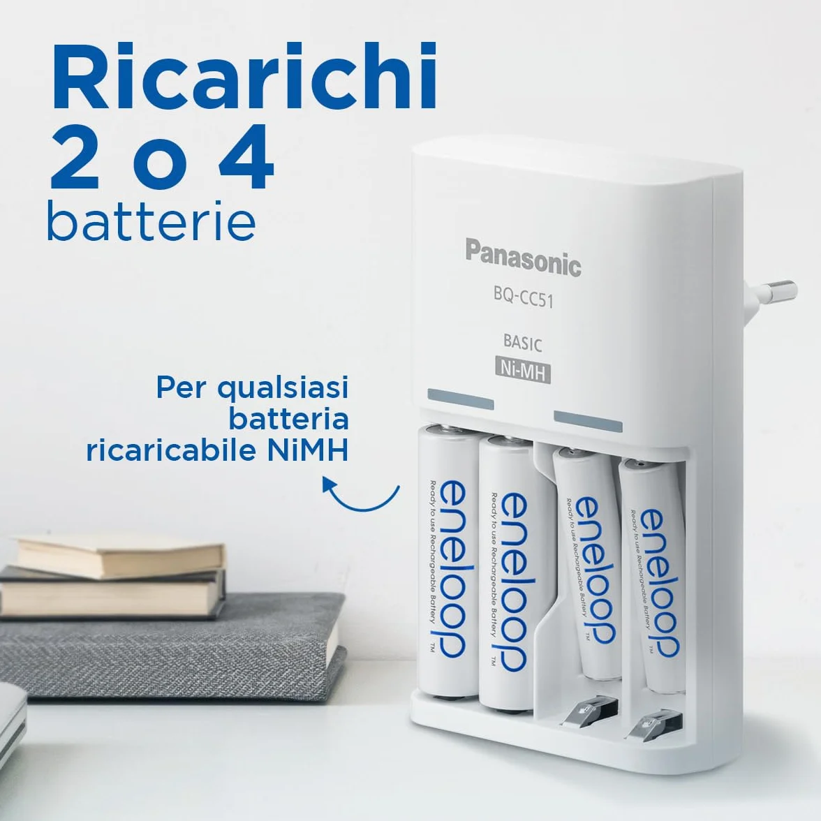 eneloop Basic Caricabatterie per 2-4 Batterie AA/AAA Ni-MH, 4 eneloop AAA con Capacità Aggiornata, 6 Funzioni di Sicurezza