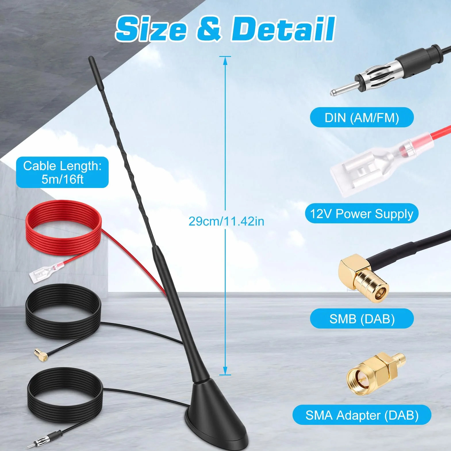 Yosoo Health Gear DAB DAB+ Antenna Auto, Digitale Antenna per Autoradio con 5m Cavo Coassiale, Connettori SMB/SMA e Presa DIN, Amplificatore Divisore Segnale Autoradio