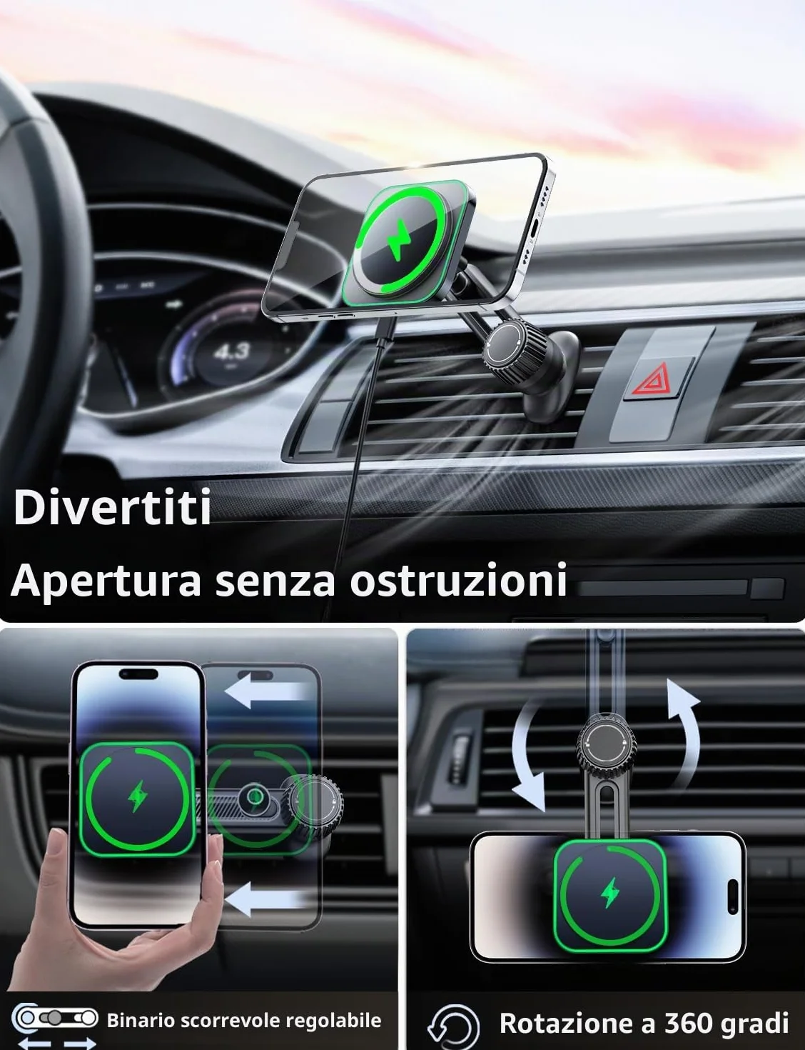 Caricatore Ricarica Wireless Auto 15W for Magsafe, Supporto Magnetico Telefono Auto Wireless，Porta Cellulare Auto Ricarica Wireless per iPhone 12/13/14/15 Pro/Max/Plus/Mini serie