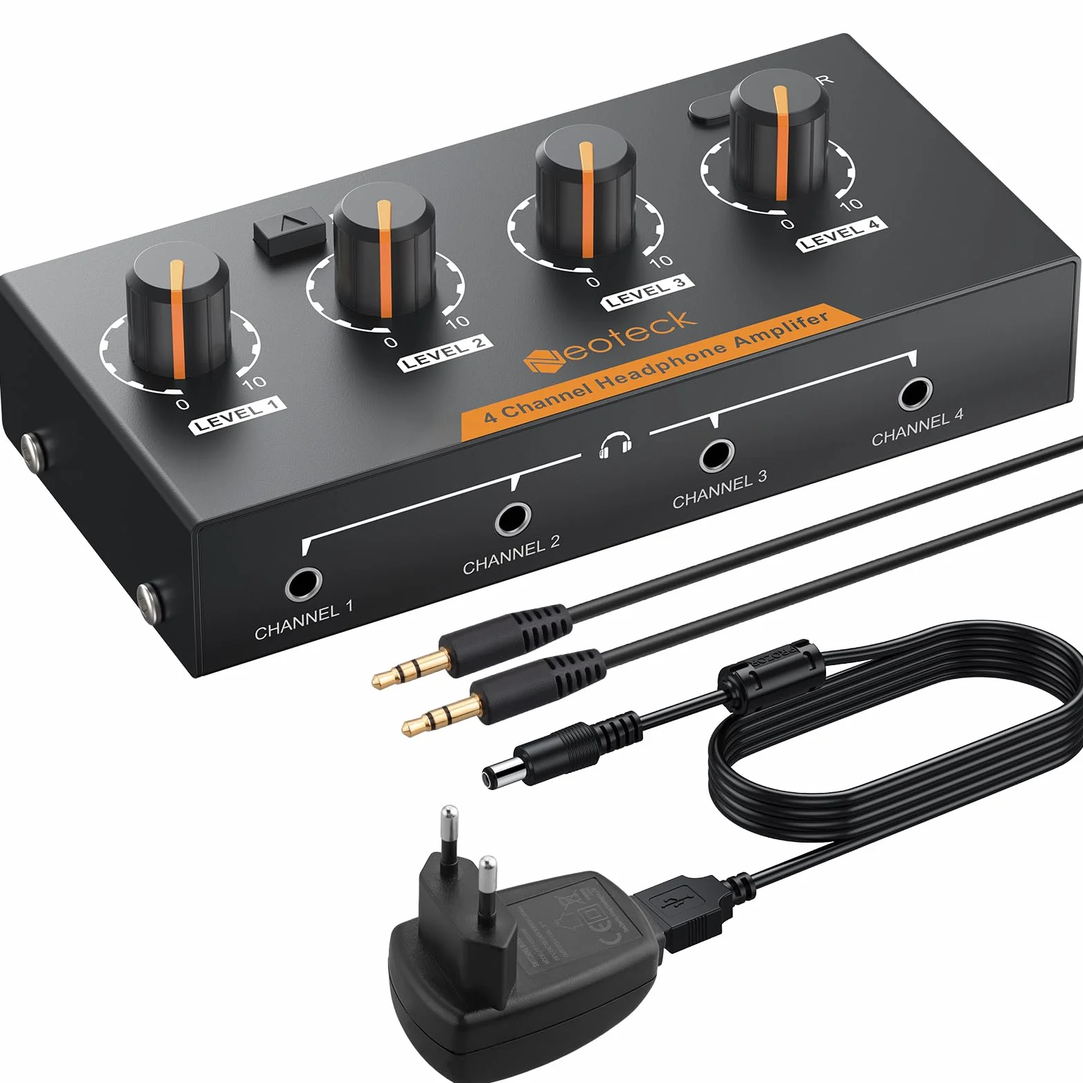 Neoteck Amplificatore per Cuffie 4 Canali Stereo Audio Mono/Stereo in Metallo con Cavo 3,5 mm