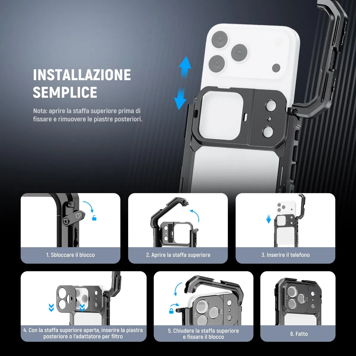 NEEWER Phone Cage Compatibile con iPhone 17 Pro Max, Accessorio Stabilizzatore Video Rig con Anello Filtro da 67mm, Backplate Lenti da 17mm, Adattatore T Mount, 4 Tappi di Controllo, PA144 (Nero)