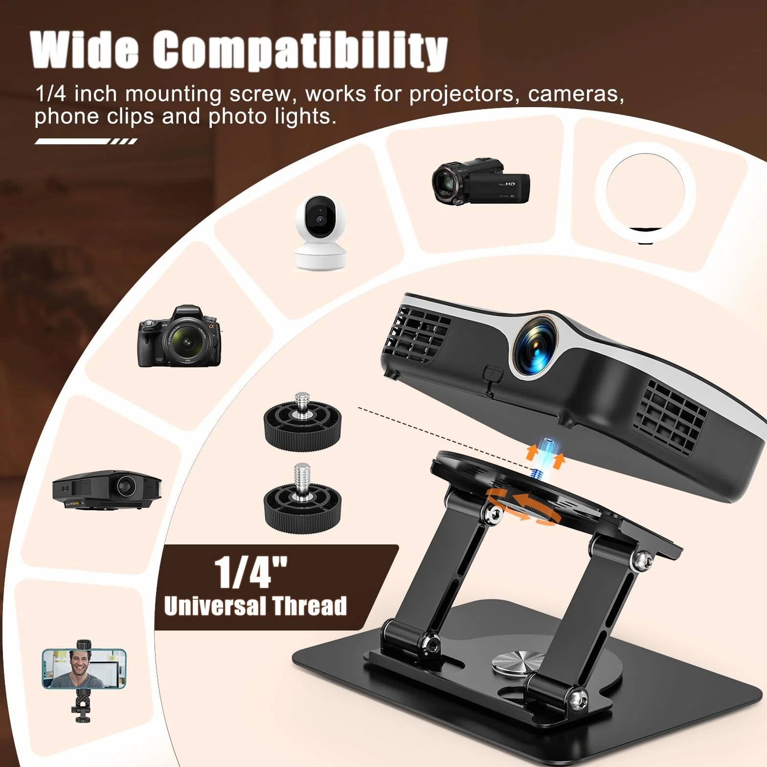 Supporti per Proiettori, Supporto Proiettore da Tavolo con Rotazione a 360°, Porta per Proiettore in Metallo con Vite da 1/4" per Home Cinema, Sala Giochi, Ufficio