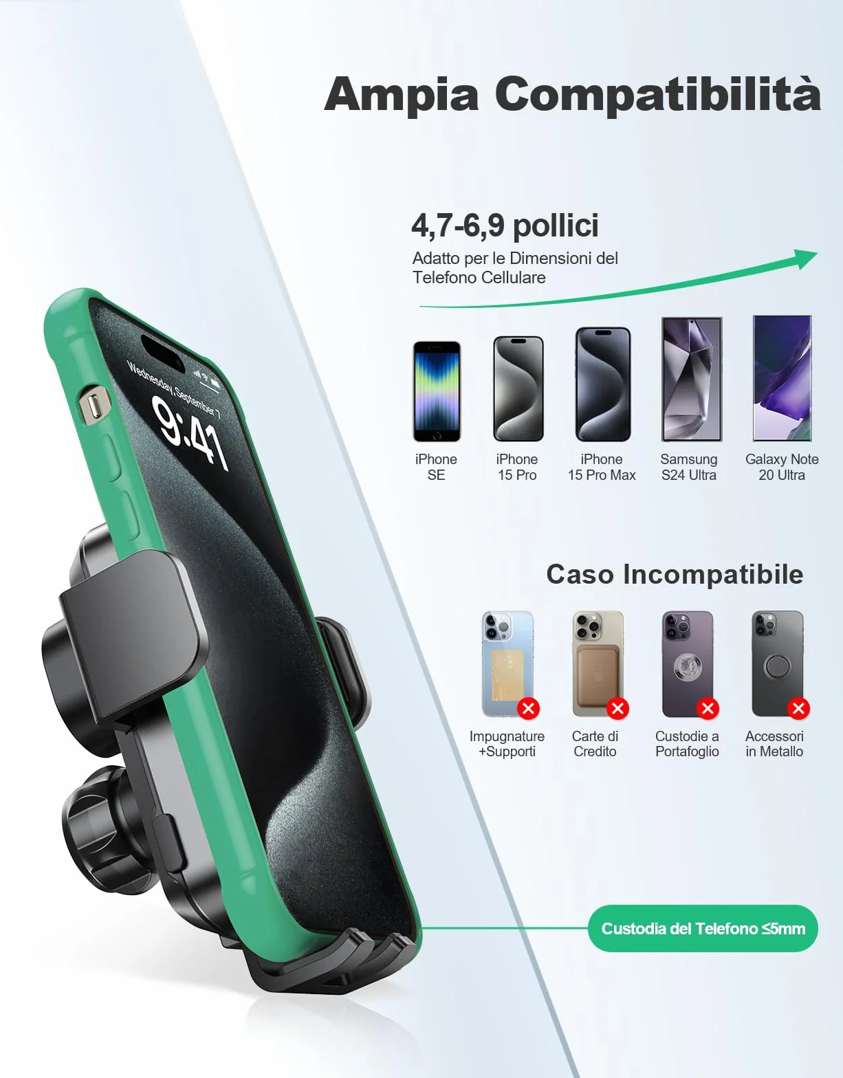 Glangeh 15W Caricatore Wireless Auto, [Ventosa+Clip+QC3.0] Automatico-Bloccaggio Ricarica Wireless Auto, Porta Cellulare Veicolo Ricarica Senza Fili Compatibile con iPhone 17 Pro Max/17 Plus/16 Pro/15