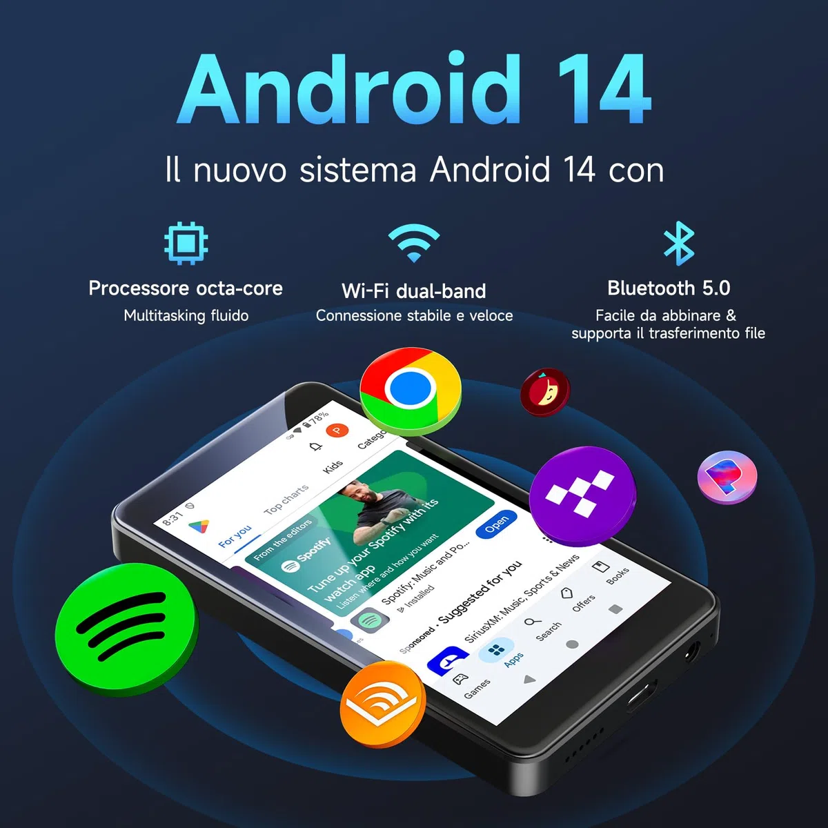 Lettore MP3 Android 14 con Spotify, Play Store, Amazon Music, Audible, Libby, lettore musicale MP4 con touch screen da 4" per bambini con controllo parentale, modalità Eye-Care (Nero lucido)