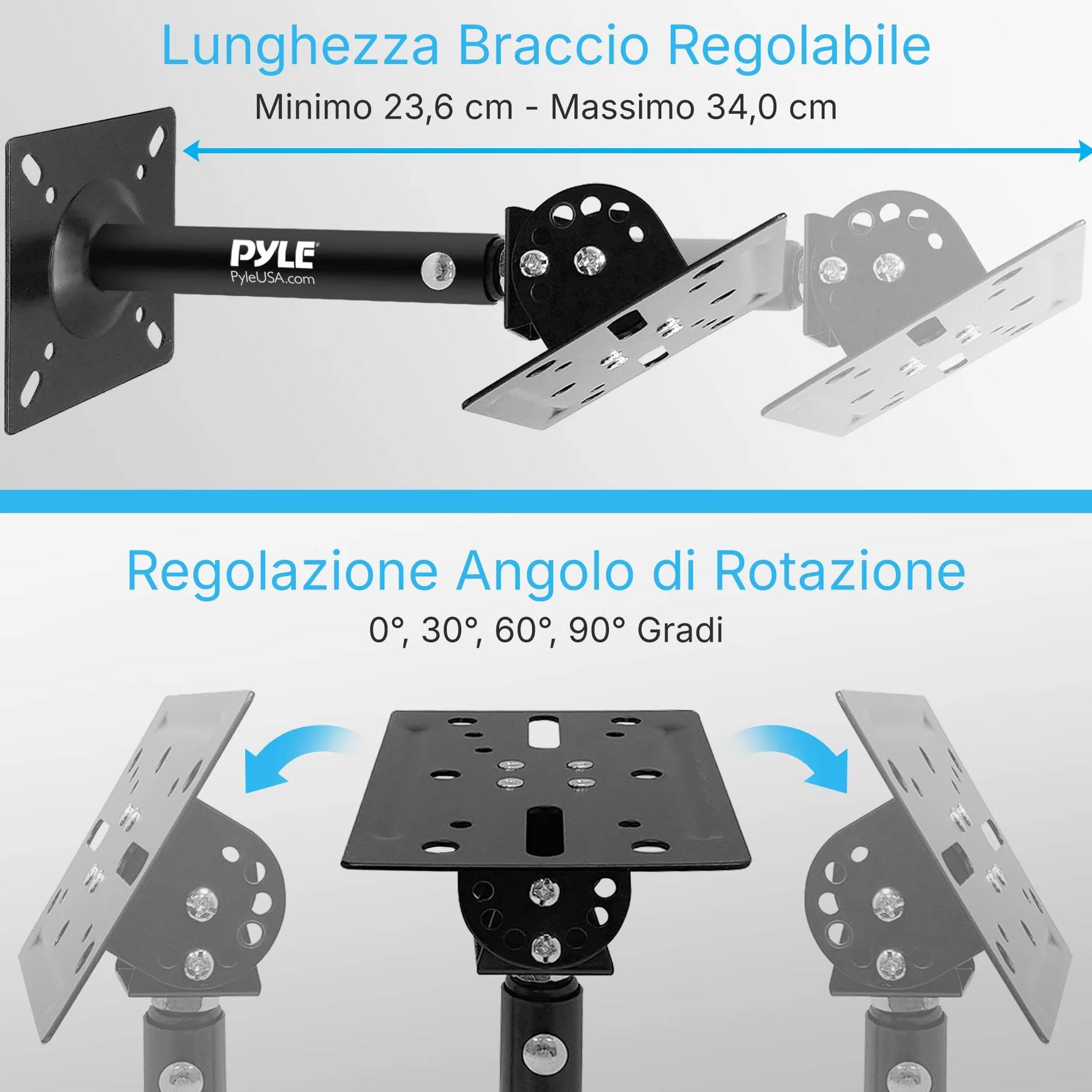 Pyle Supporto Casse Audio da Parete e Soffitto con Braccio Telescopico Regolabile per DJ, Cassa Bluetooth e Speaker, Inclinazione e Rotazione per Sistema Audio Casa, Nero, Coppia