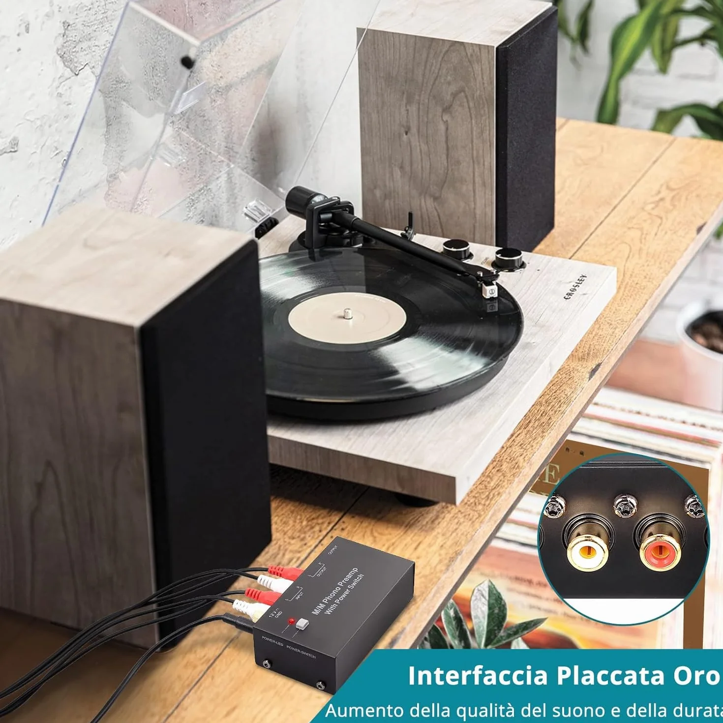 MM Phono Preamplificatore, Mini Preamp Fono DC 12V Audio Stereo per Giradischi a Basso Rumore con Ingresso/Uscita RCA