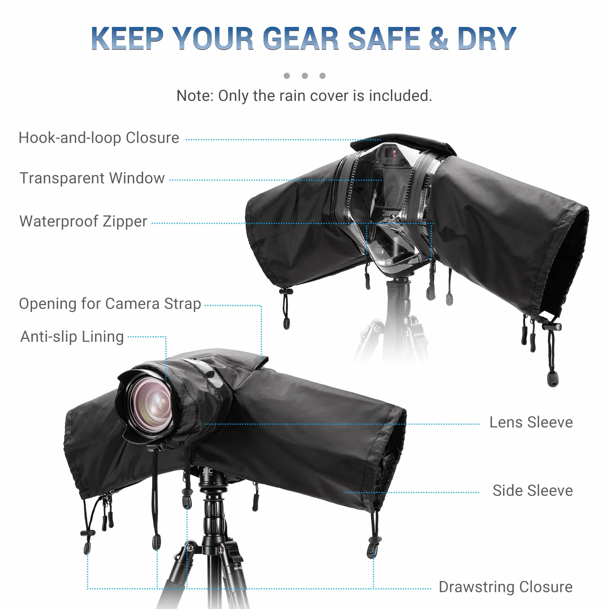 JJC Copertura antipioggia in nylon per fotocamere e obiettivi Canon, Sony, Nikon, lunghezza ≤ 230 mm, montaggio con cinghia e treppiede, finestra di visualizzazione con cerniera, maniche antiscivolo