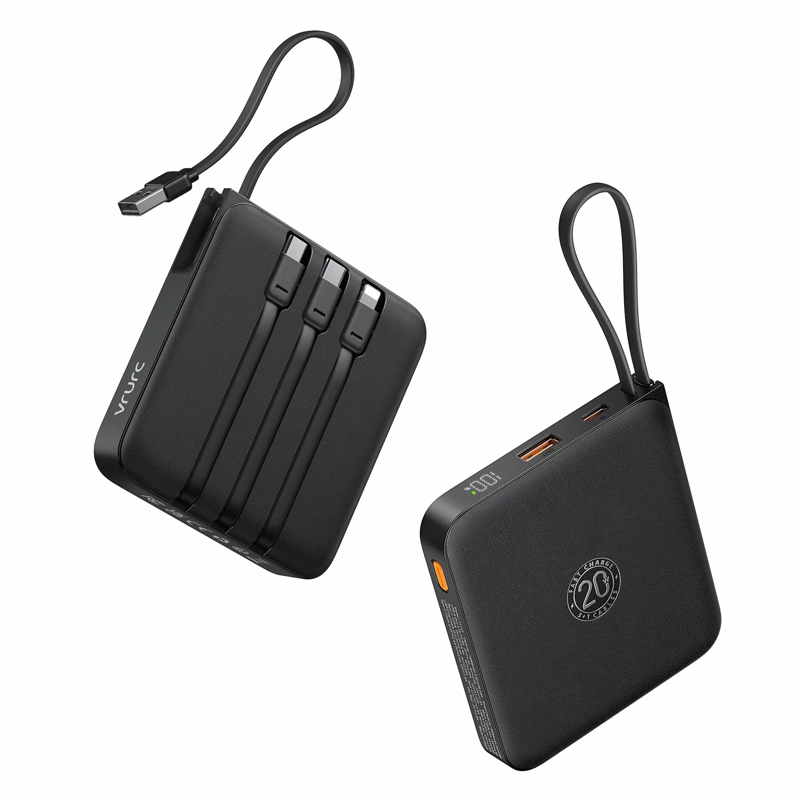 VRURC Power Bank 20000mAh, Power bank con Cavi Integrati, 22.5W Batteria USB C a Carica Rapida, Display LED per iPhone 15 14 iPad Samsung Galaxy S23 Google Android Phone - Nero