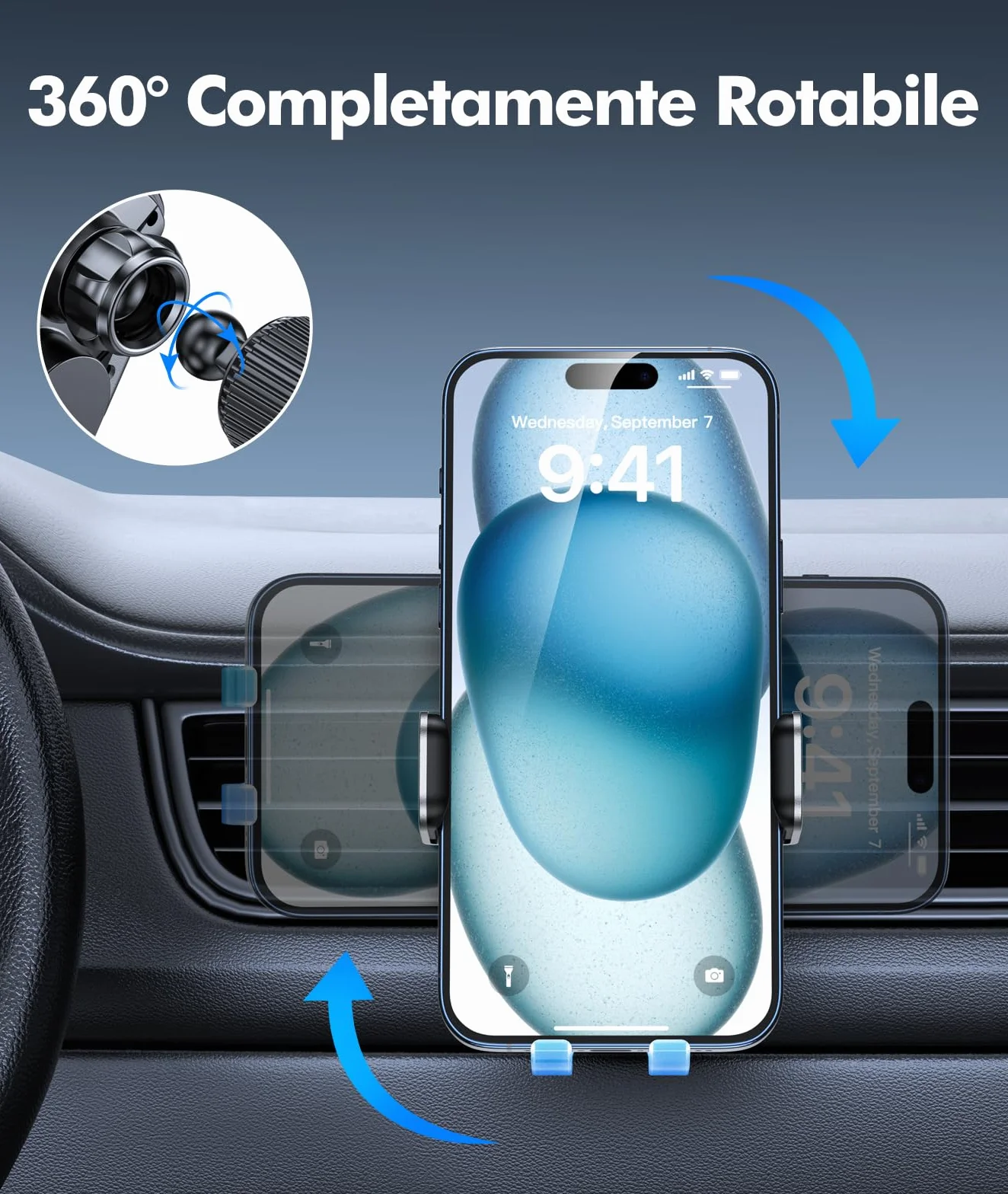 EOIWUY 15W Caricatore Wireless Auto, Auto-Bloccaggio [360° Rotazione] Supporto Telefono Auto Ricarica Wireless Rapida con QC 3.0 Caricabatterie Auto, Compatibile con iPhone 17/16/15, Galaxy S24/S23