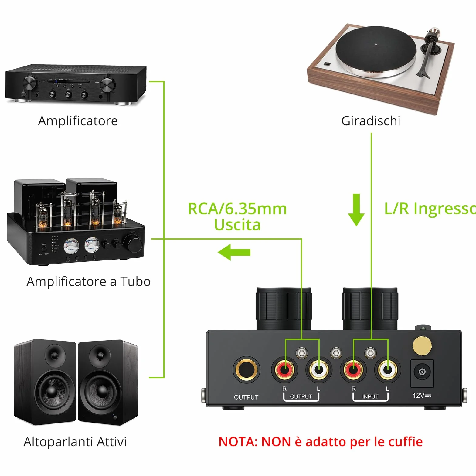 LiNKFOR Preamplificatore Giradischi Phono RCA 6.35mm DC 12V