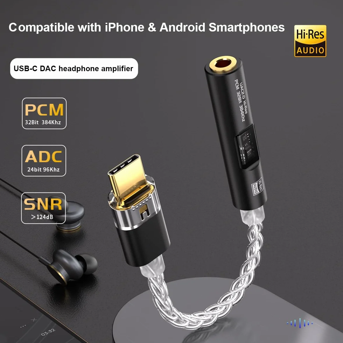 eppfun USB DAC Amplificatore per Cuffie, 32bit/384kHz Adattatore da USB-C a 3,5 mm Compatibile con iphone 16/15 iPad Smartphones PC/Laptops/Player